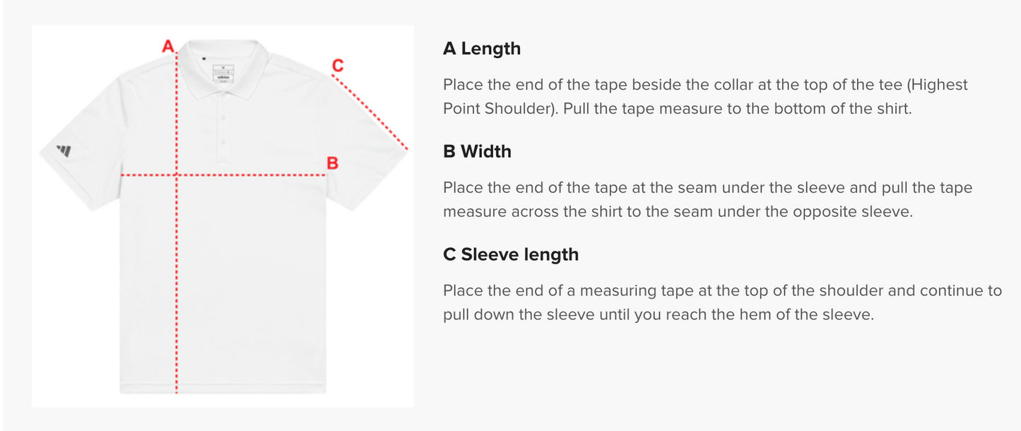 A diagram of a black Crown Pickleball Polo Shirt shows: A (collar to hem, vertical), B (under sleeves, horizontal), and C (shoulder to sleeve end, diagonal). Labels explain how to measure each for an athletic fit.