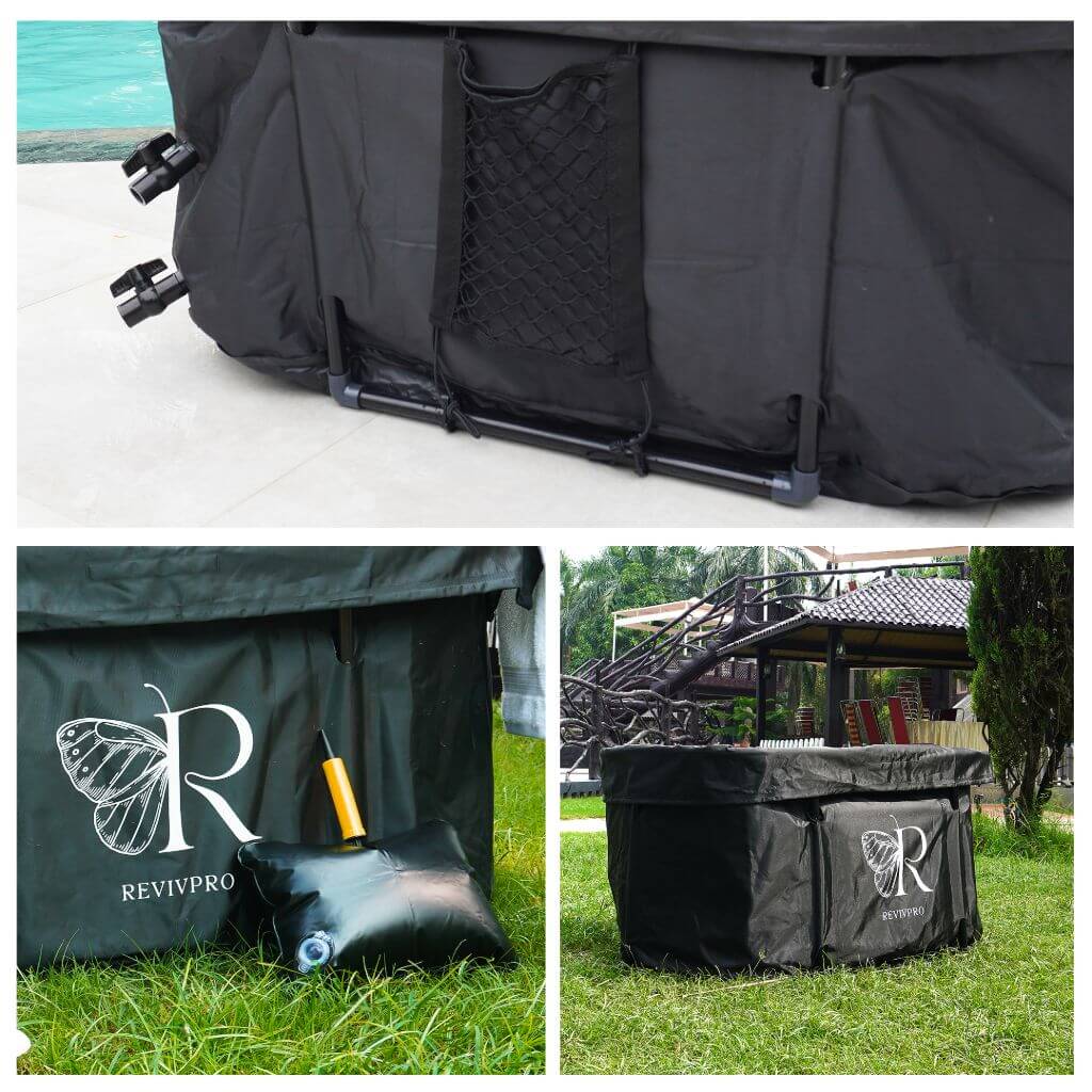 A collage of three images shows the RevivPro Portable Oval Ice Bath Tub X with Extra Length: a mesh storage pocket (top), an air pillow and orange pump (bottom left), and the tub set up on grass near a patio (bottom right).