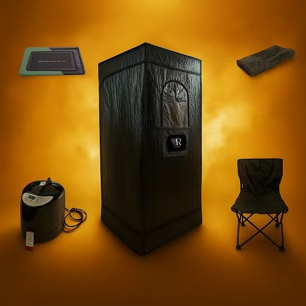 The RevivPro Portable Steam Sauna Box with Steamer stands upright against an orange background, neatly arranged with a foldable chair, gray towel, steam generator and hose, and a green heat-resistant mat.