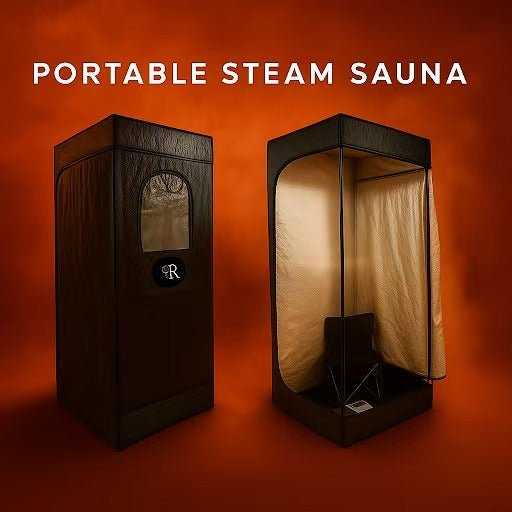 Two views of the RevivPro Portable Steam Sauna Box with Steamer in black with a tan interior are shown: one closed, displaying a window and logo, and one open to reveal the seat and soft inner lining against a red background.