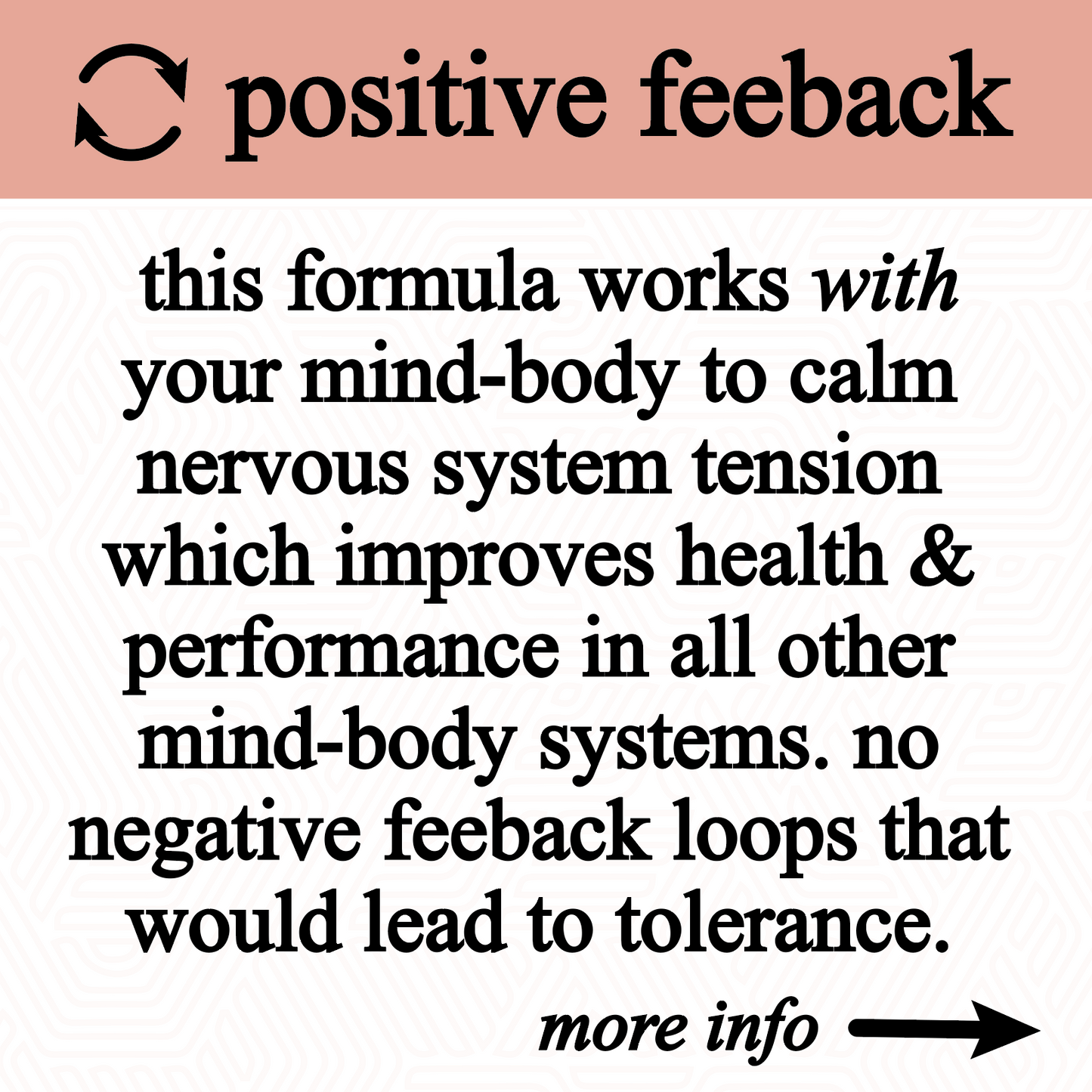A graphic with a peach banner reading "positive feedback" and a circular arrow icon. Below, black text explains the Roots Apothecary anxiety tincture calms nervous system tension, supports adrenal balance, and avoids negative feedback loops. More info →.