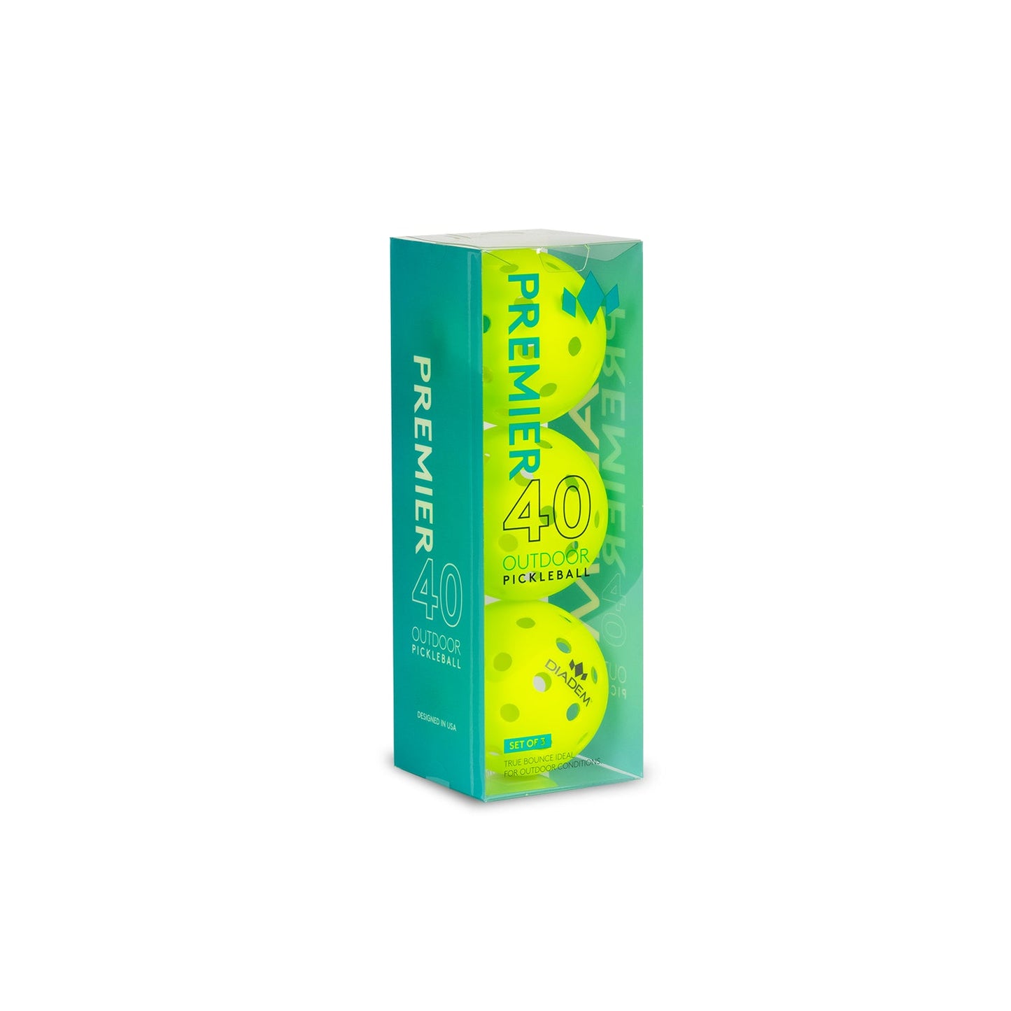 A clear rectangular box from Diadem Sports holds three neon yellow Premier 40 Outdoor Pickleballs with holes, stacked vertically. The teal and green packaging is labeled “PREMIER 40 OUTDOOR PICKLEBALL.” These pickleballs are durable and ideal for training.