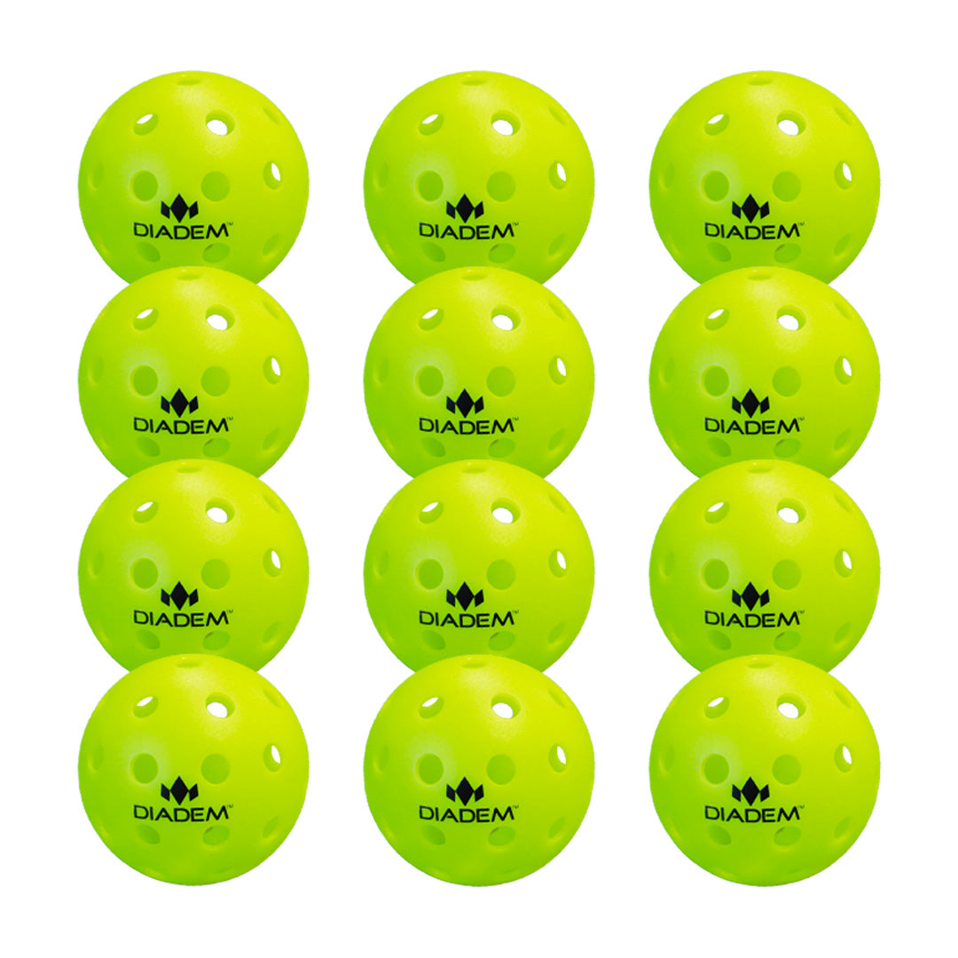 Twelve Diadem Sports Premier 40 Outdoor Pickleballs in neon yellow are arranged in four columns and three rows, each featuring multiple holes and the black Diadem logo on a white background.
