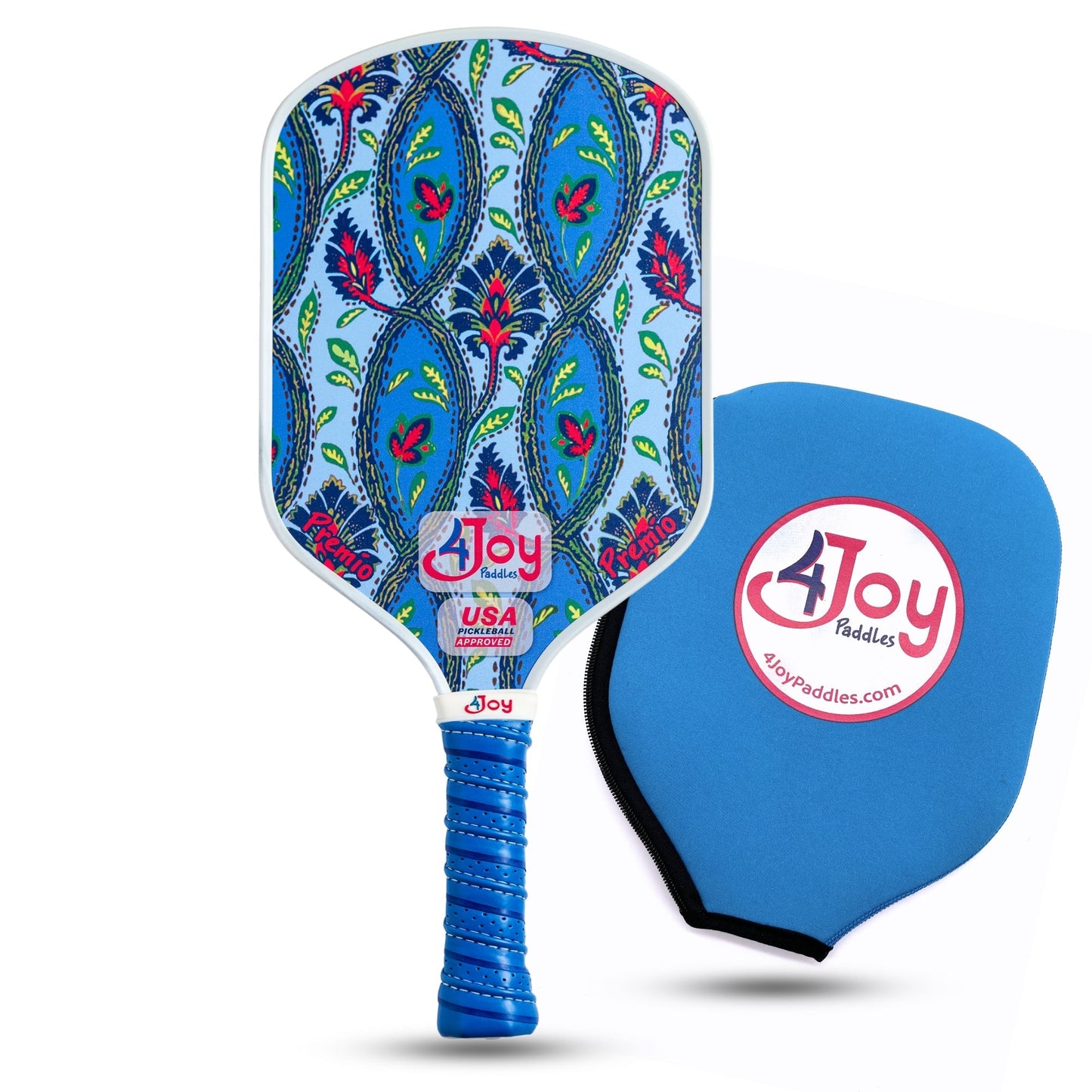 The Damask 4Joy Pickleball Paddle Premio Series by 4Joy Paddles features a blue, green, and red floral T700 carbon fiber surface and blue grip. It’s displayed with a matching blue cover with the round “Joy Paddles” logo on a white background.
