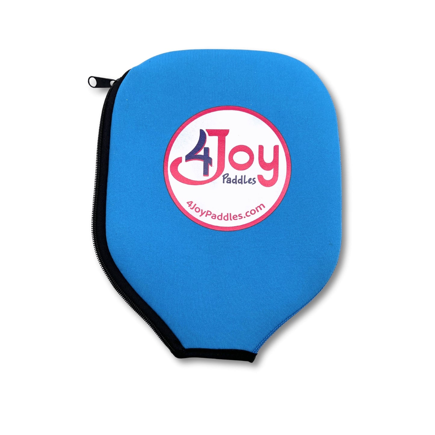 A blue, oval Pickleball paddle cover with a black left zipper; the front has a circular white logo with pink border, “4Joy Paddles” and “4joypaddles.com” in pink—fits Premio Series White Palm paddles by 4Joy Paddles.