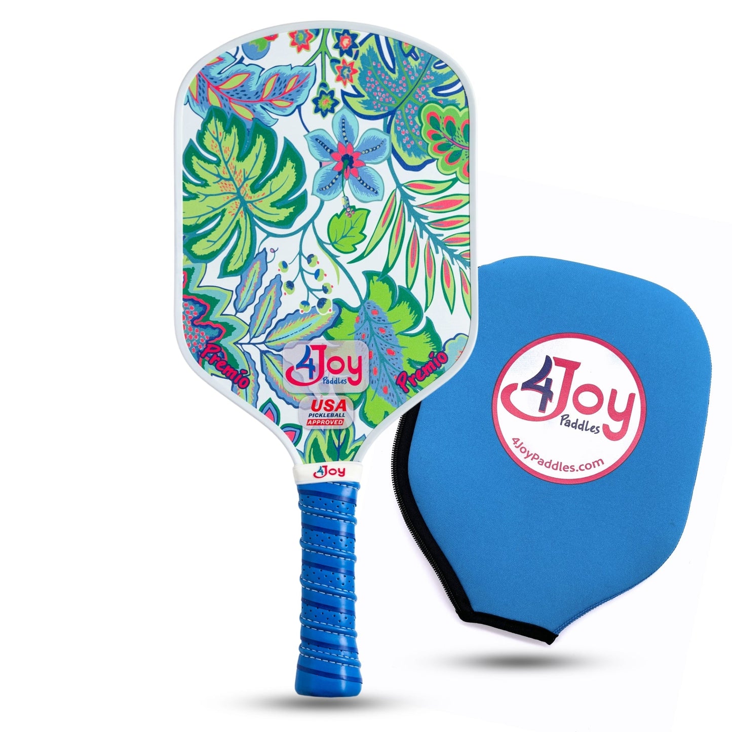 The White Palm 4Joy Pickleball Paddle Premio Series by 4Joy Paddles features a vibrant blue, green, and red leafy floral design on T700 carbon fiber, a blue grip tape handle, and comes with a blue cover sporting the Joy Paddles logo.