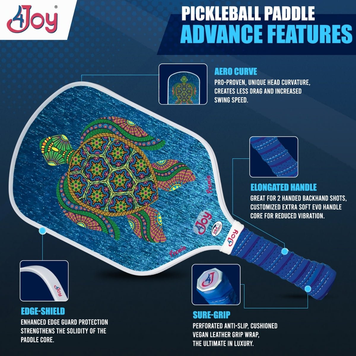 The Turtle 4Joy Pickleball Paddle Premio Series by 4Joy Paddles features a blue pattern with a colorful turtle, T700 carbon fiber face, aerodynamic curved edge, elongated handle, edge-shield protection, and stitched vegan leather sure-grip.