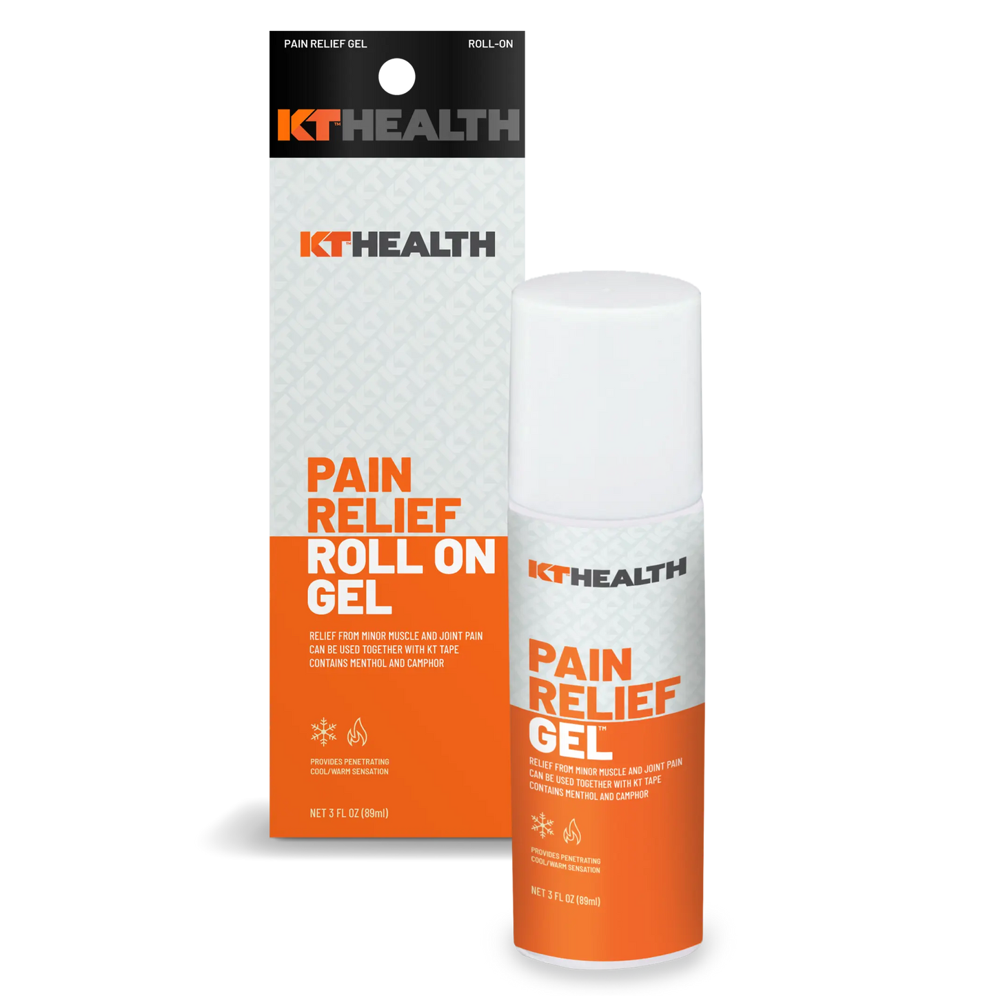 The KT Tape KT Health Pain Relief Roll-On Gel, shown with its white and orange packaging, provides muscle and joint pain relief with menthol, arnica, camphor, and comes in a 3 fl oz (88ml) size.