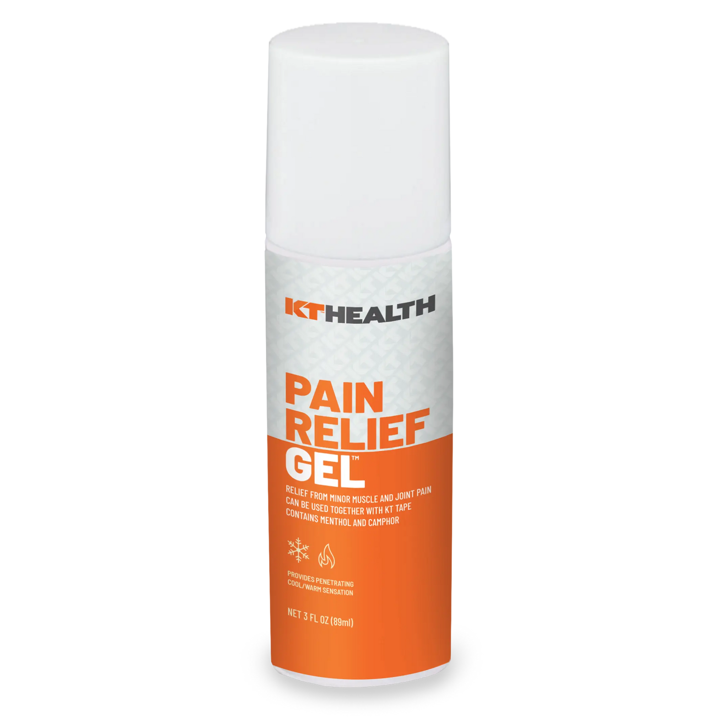 A white and orange KT Tape KT Health Pain Relief Roll-On Gel offers fast relief for minor muscle and joint pain. This 3 fl oz (88 ml) roll-on contains menthol, arnica gel, and camphor in a cleanly designed container for soothing comfort.
