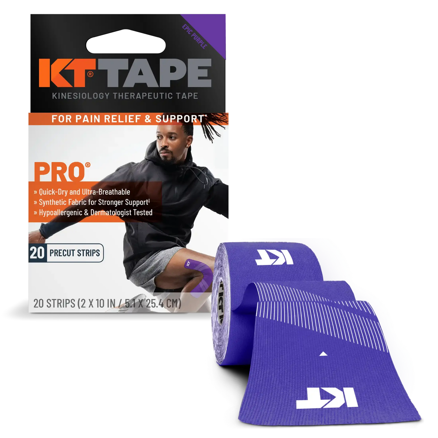 A box of KT Tape Pro® by KT Tape is shown, featuring an athlete applying purple tape to their knee. A partially unrolled roll displays the white KT Tape logo and stripes, highlighting this kinesiology tape for pain relief and athletic support.