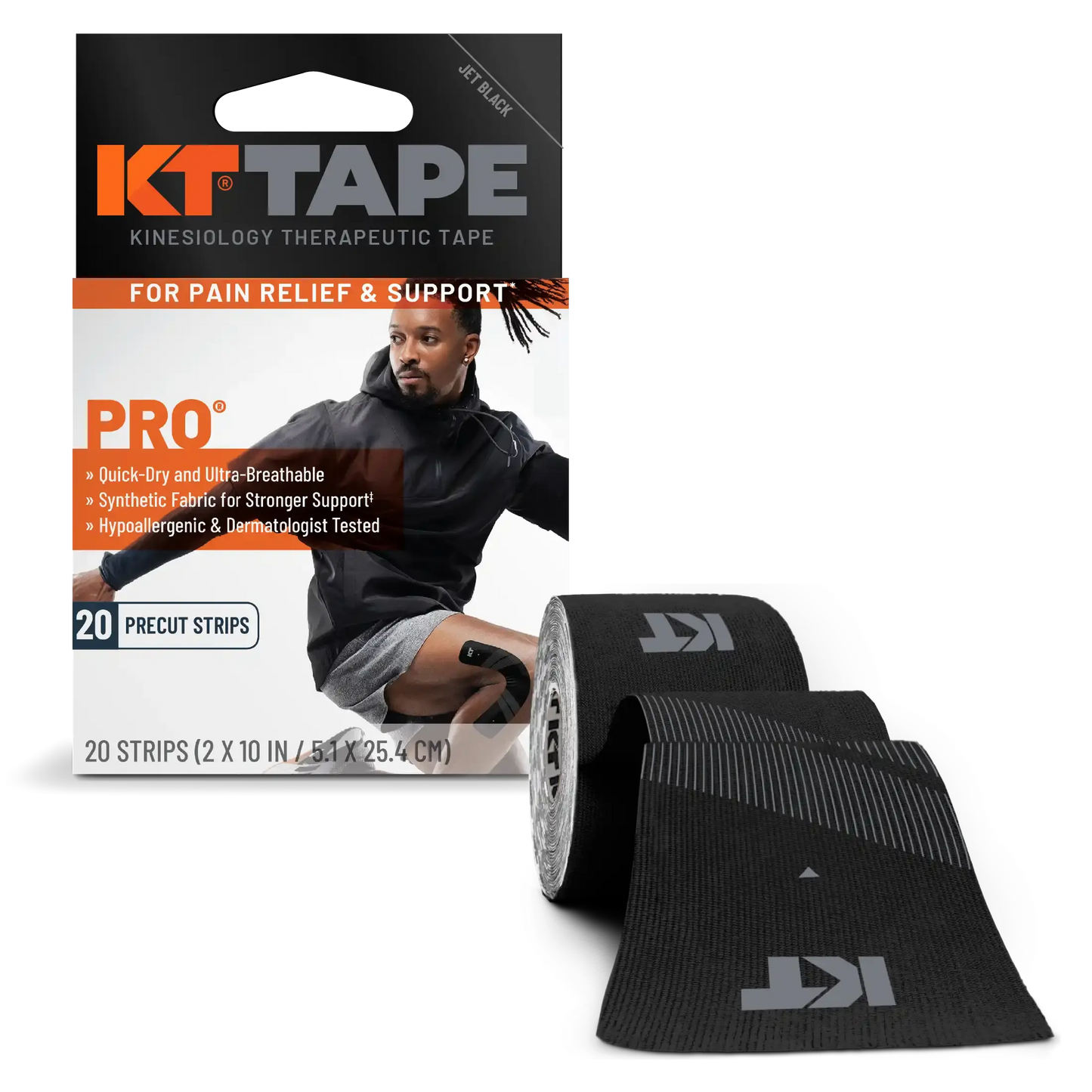 A box of KT Tape Pro® by KT Tape is shown, with an athlete applying black kinesiology tape to their knee for injury support. In front, a black roll displays the gray “KT” logo. The box highlights 20 precut strips.