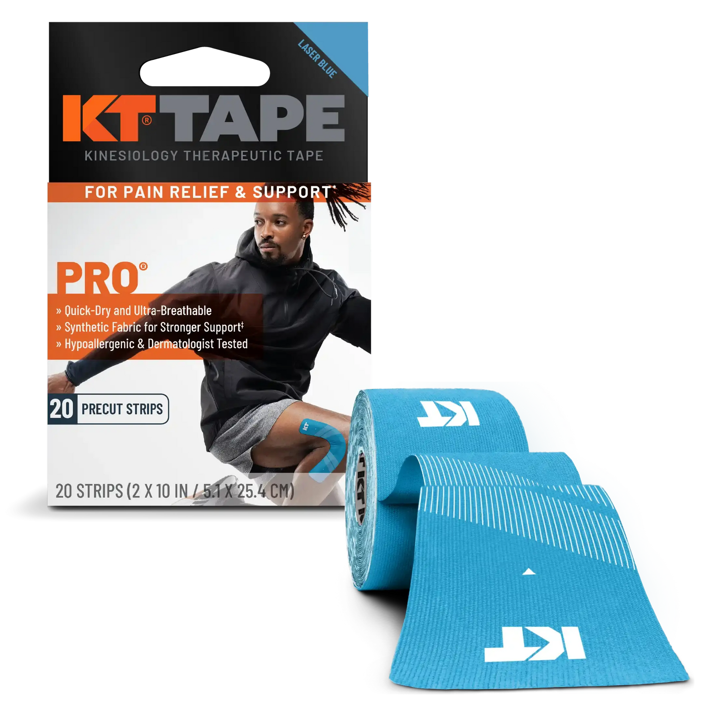 A box of KT Tape Pro® by KT Tape sits beside an unrolled blue strip. The packaging features a male athlete with tape on his leg and highlights pain relief, athletic support, breathability, and hypoallergenic material.