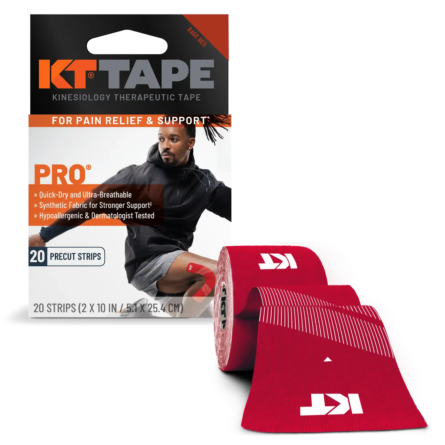 A box of KT Tape Pro® by KT Tape is shown, with a person applying red tape to their knee. Two unrolled rolls in front emphasize pain relief and athletic support for active lifestyles.