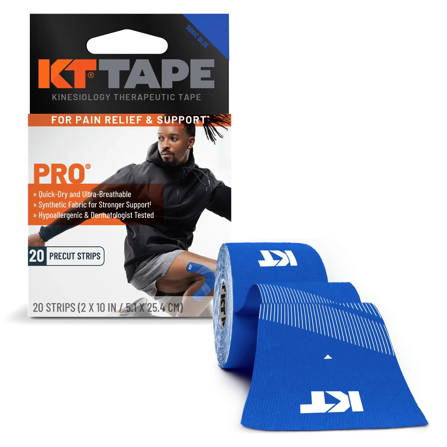 A box of KT Tape Pro® by KT Tape in blue shows an athlete using it for sports injury support. The packaging highlights pain relief and hypoallergenic benefits. A roll and precut strip with the white logo are next to the box.