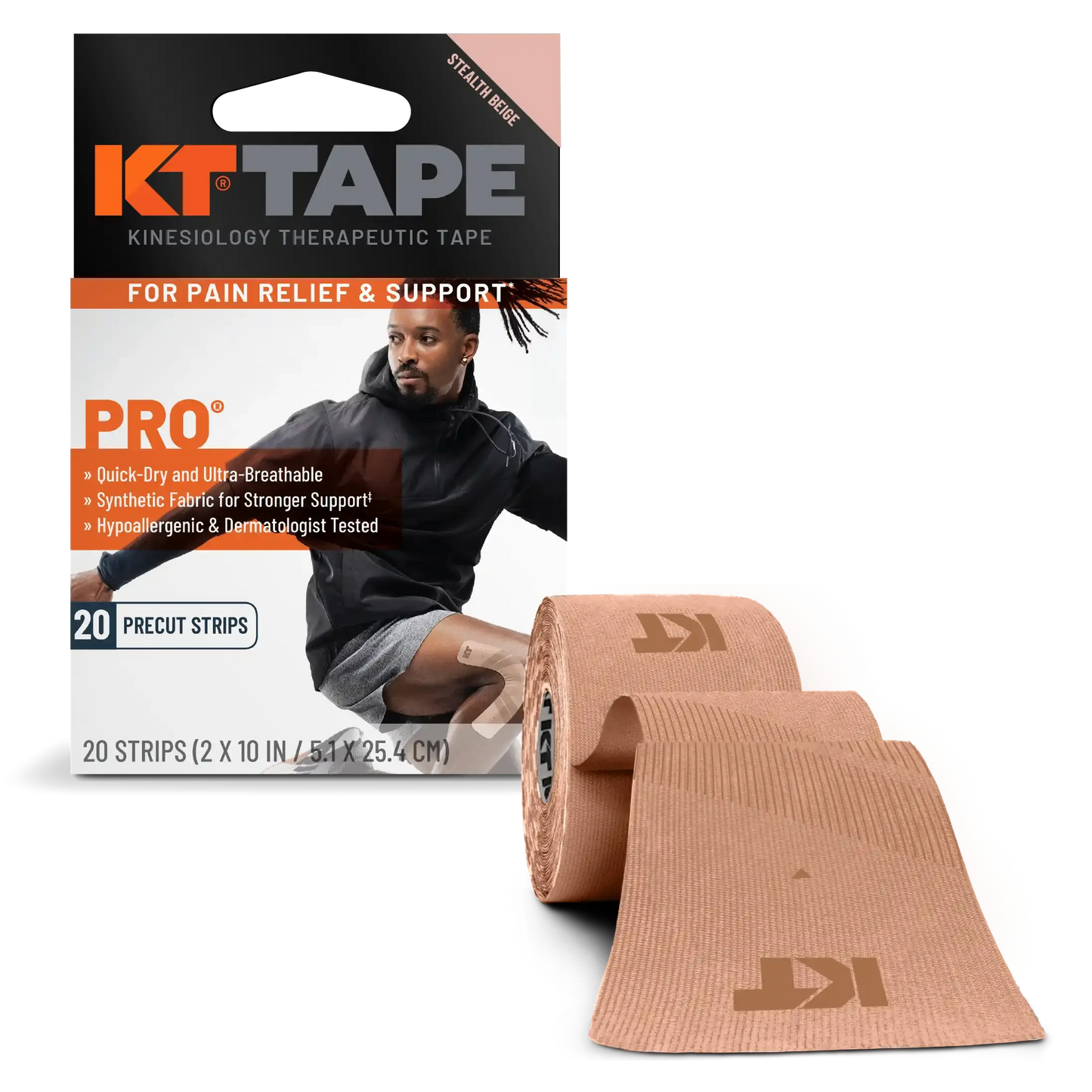 A box of KT Tape Pro® by KT Tape, featuring a man stretching on the front. In front, a partially unrolled tan strip with the KT logo offers pain relief and sports injury support, with the rest of the roll stacked nearby.