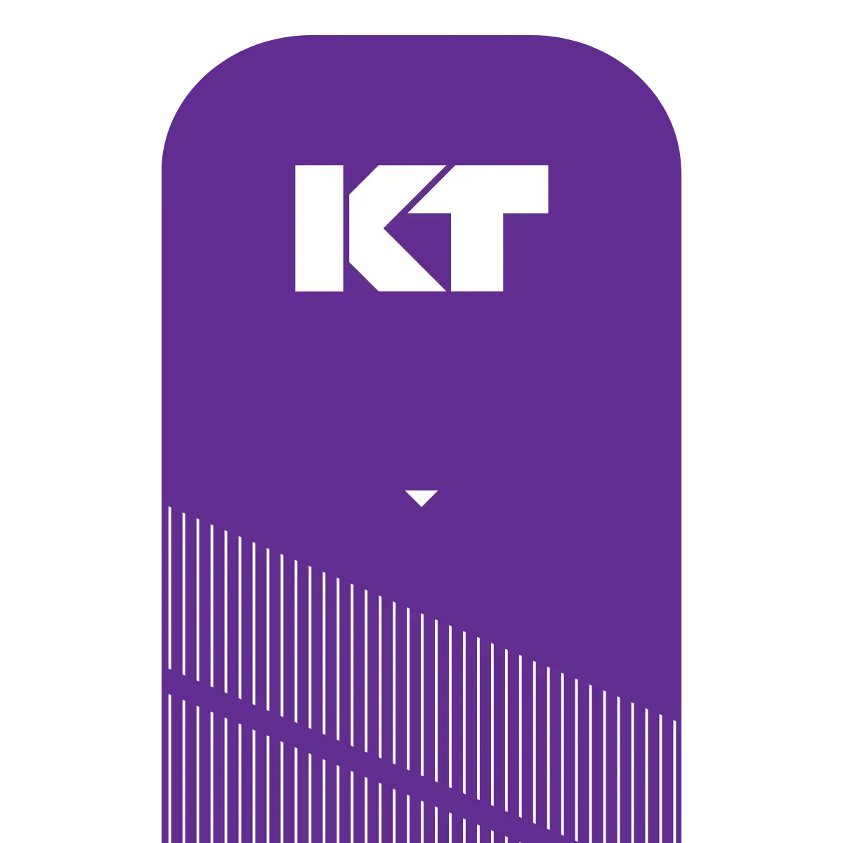 A purple vertical rectangle with rounded top corners features the bold white letters KT near the top, referencing KT Tape Pro® athletic support tape. Below, a small white triangle points down above diagonal white lines on a light gray background.