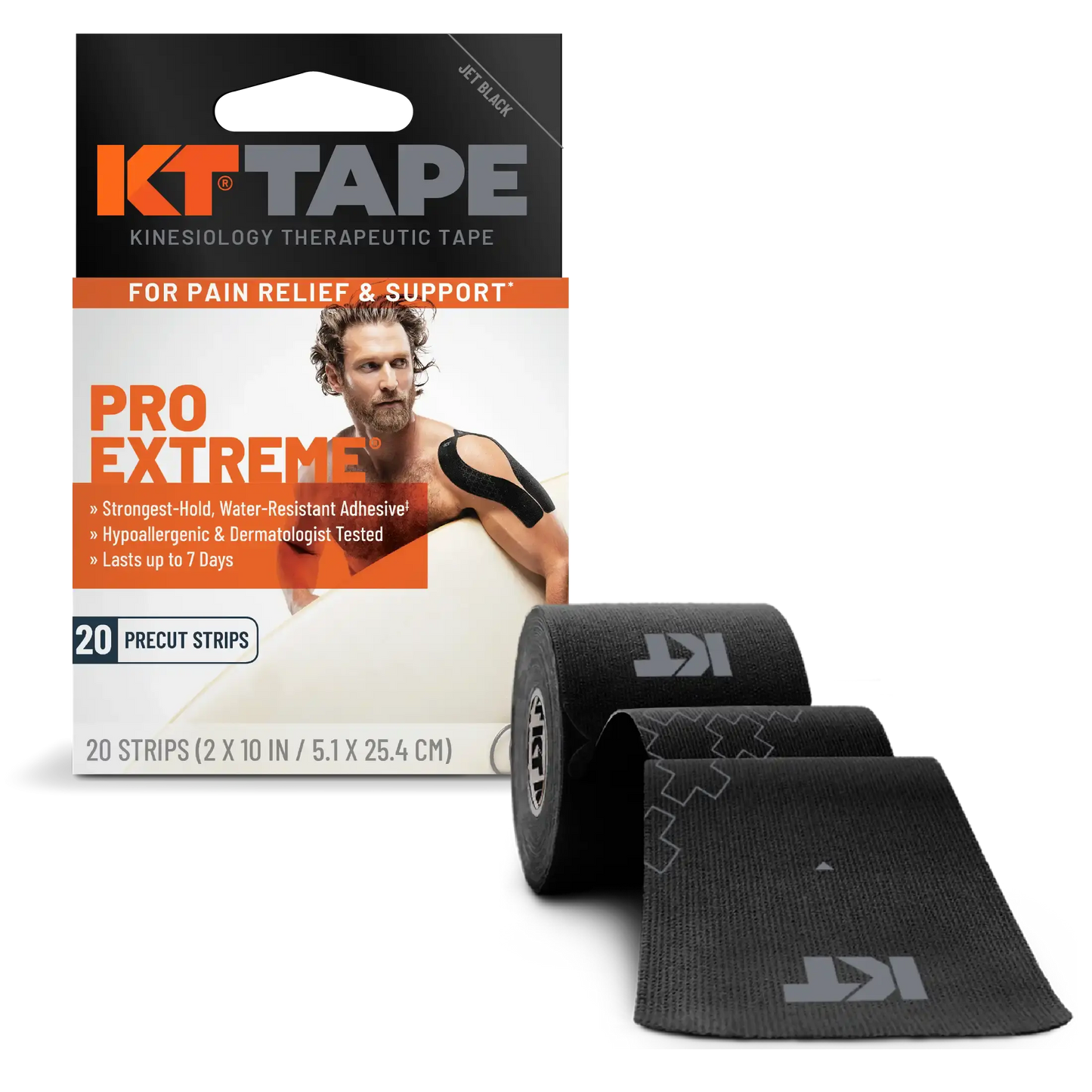 A box of KT Tape Pro Extreme® by KT Tape shows a shirtless man with black tape on his shoulder. The packaging promotes pain relief, extra-strength adhesive, up to 7 days wear; a partially unrolled black KT Tape roll is in front with branding visible.