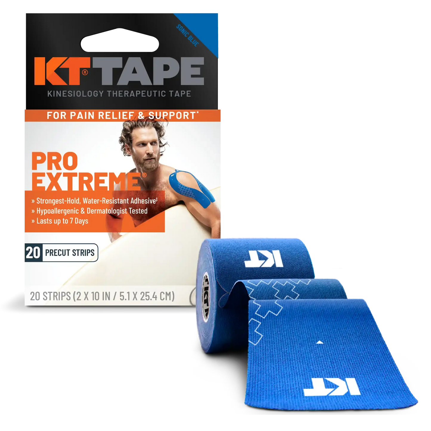 A box of KT Tape Pro Extreme® by KT Tape, showing a man applying blue tape to his shoulder. In front are two precut blue kinesiology tape strips with extra-strong adhesive, the white KT logo, and cross-pattern detailing.