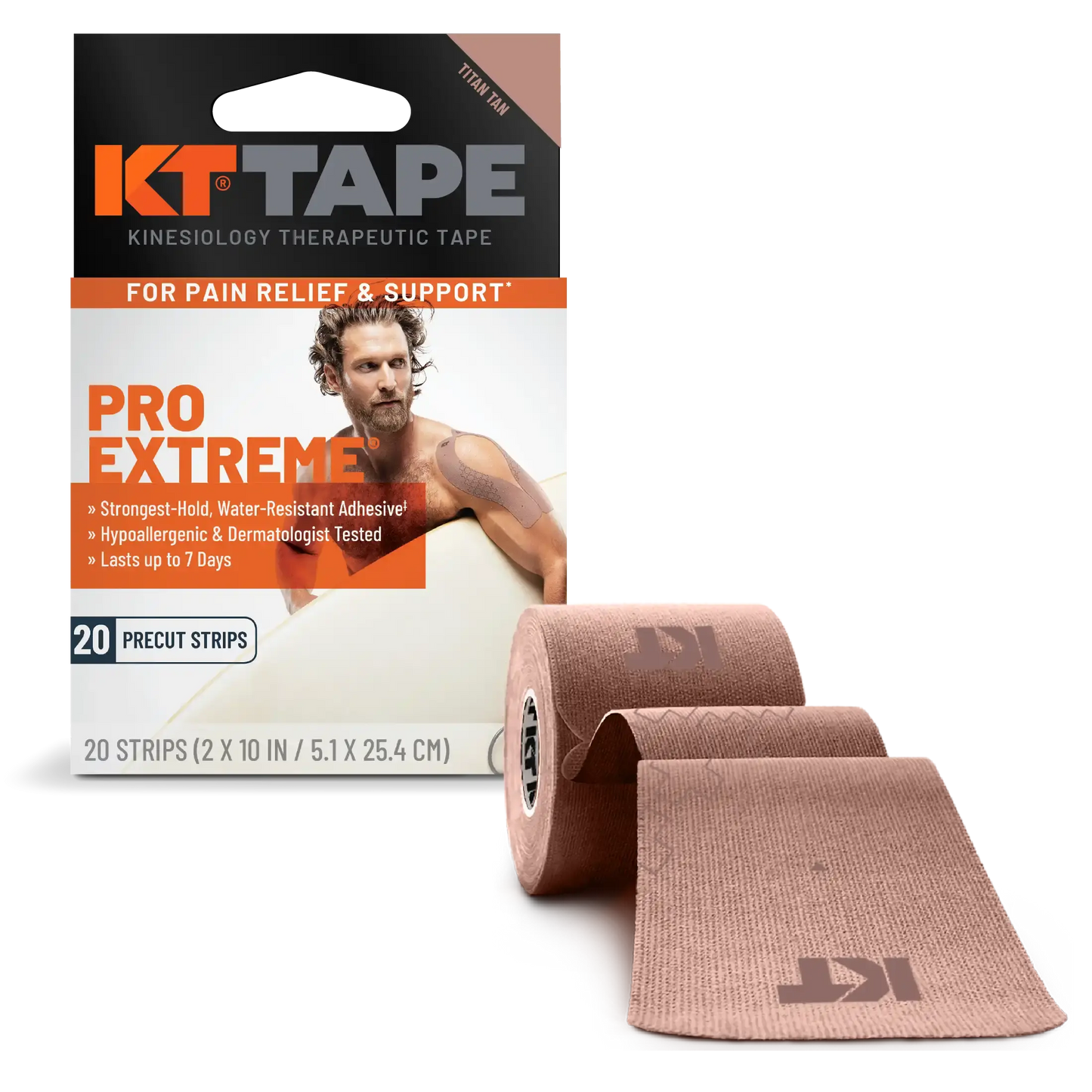 A box and roll of KT Tape Pro Extreme® by KT Tape, featuring a man applying tape to his shoulder. Offers pain relief, support, and extra-strength adhesive that lasts up to 7 days. Includes 20 pre-cut tan strips.