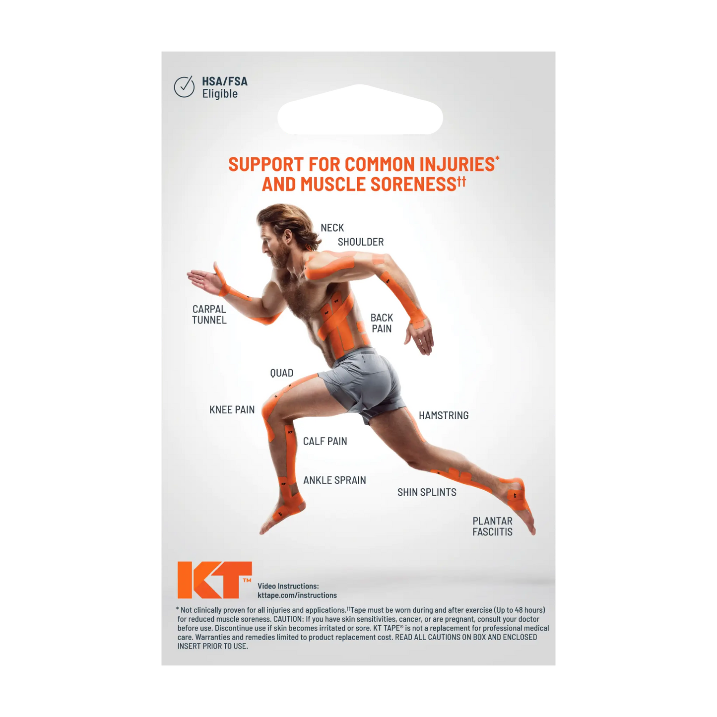 A man in athletic wear runs, with orange highlights on neck/shoulder, carpal tunnel, quad, and more. Text above reads: SUPPORT FOR COMMON INJURIES AND MUSCLE SORENESS with pain relief from KT Tape Pro Ice™ by KT Tape.
