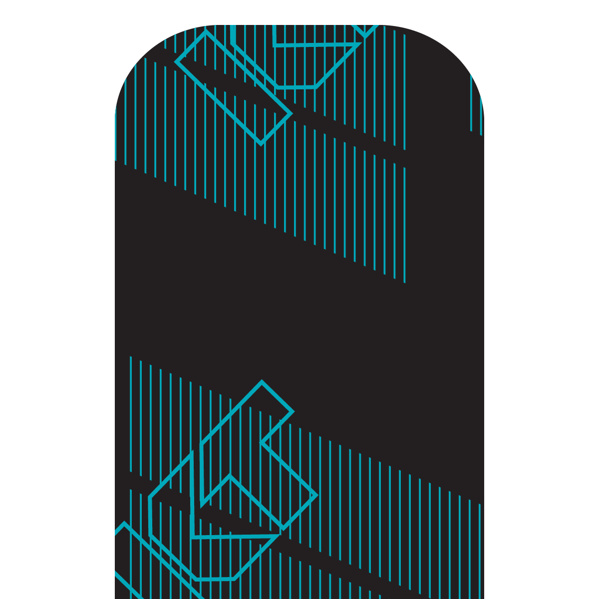 A black vertical rectangle with a rounded top features diagonal turquoise lines and shapes, resembling KT Tape Pro Ice™ by KT Tape, creating an abstract modern pattern on a white background.