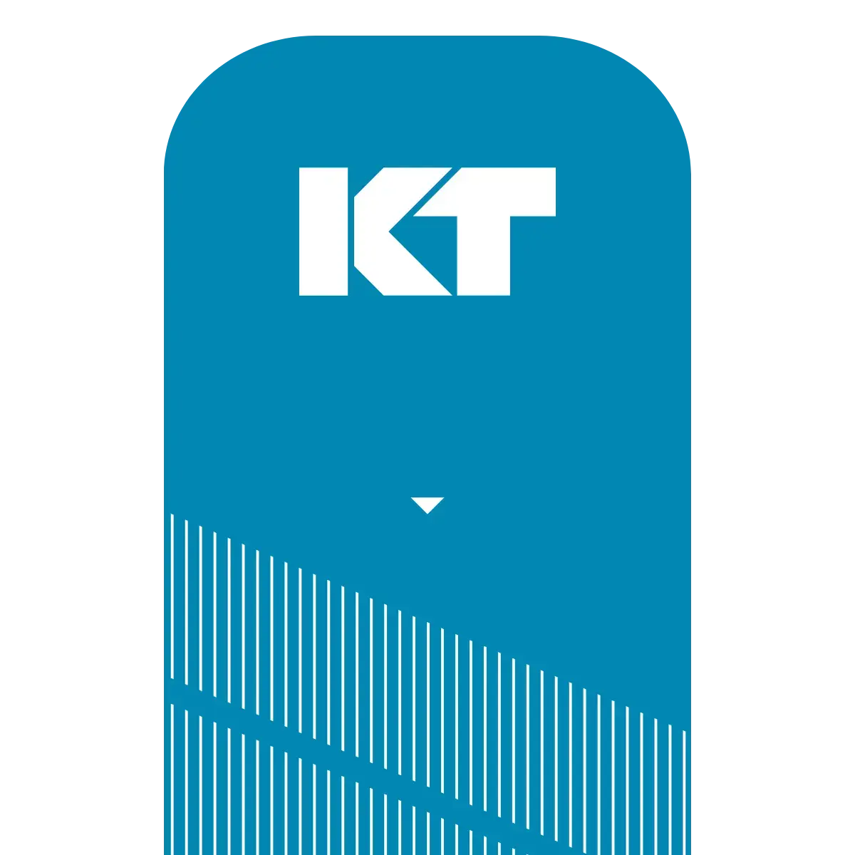 A blue sign with a rounded top displays the bold white KT Tape logo above a small downward-pointing white arrow, representing KT Tape Pro® for pain relief, with diagonal white stripes on the lower section over a light gray background.