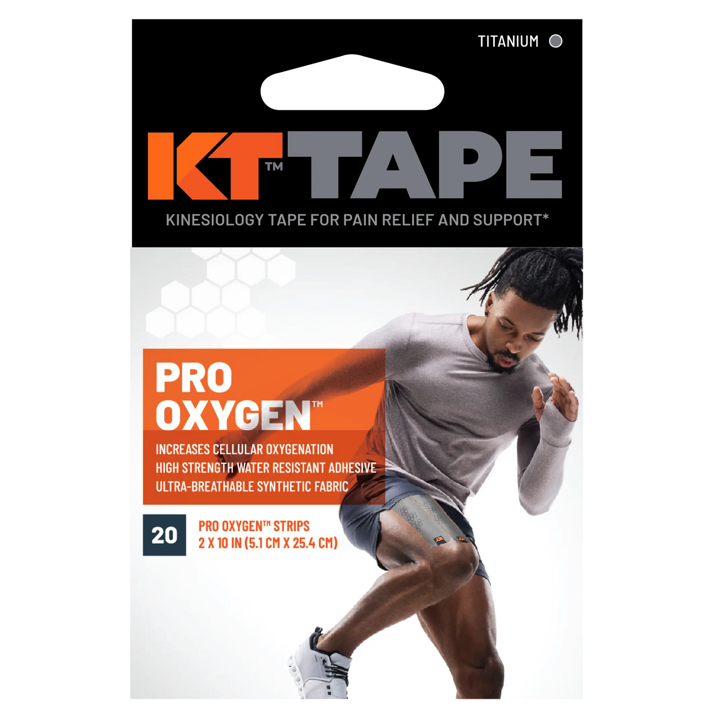 A package of KT Tape Pro Oxygen™ from KT Tape features a male athlete in gray sportswear applying black tape to his right knee. With Celliant infrared technology, it provides water resistance, ultra-breathable fabric, and increased oxygenation.