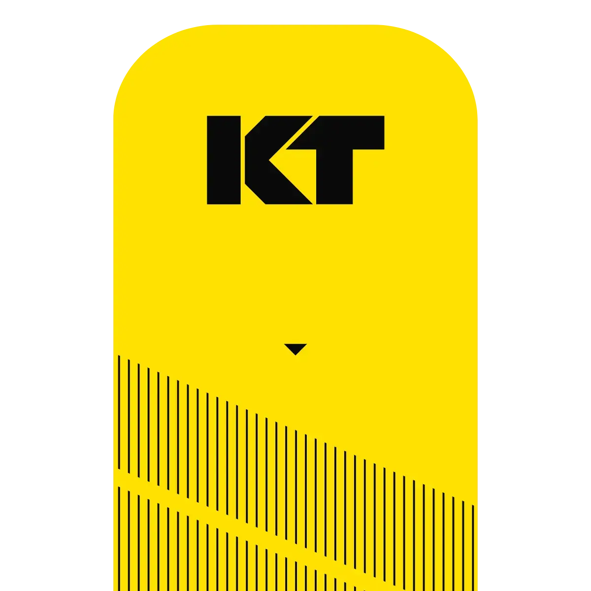 A bright yellow vertical rectangle with rounded top corners features bold black "KT" at the top for KT Tape Pro® by KT Tape. Below is a black downward triangle and dynamic diagonal black lines, suggesting sporty injury support.