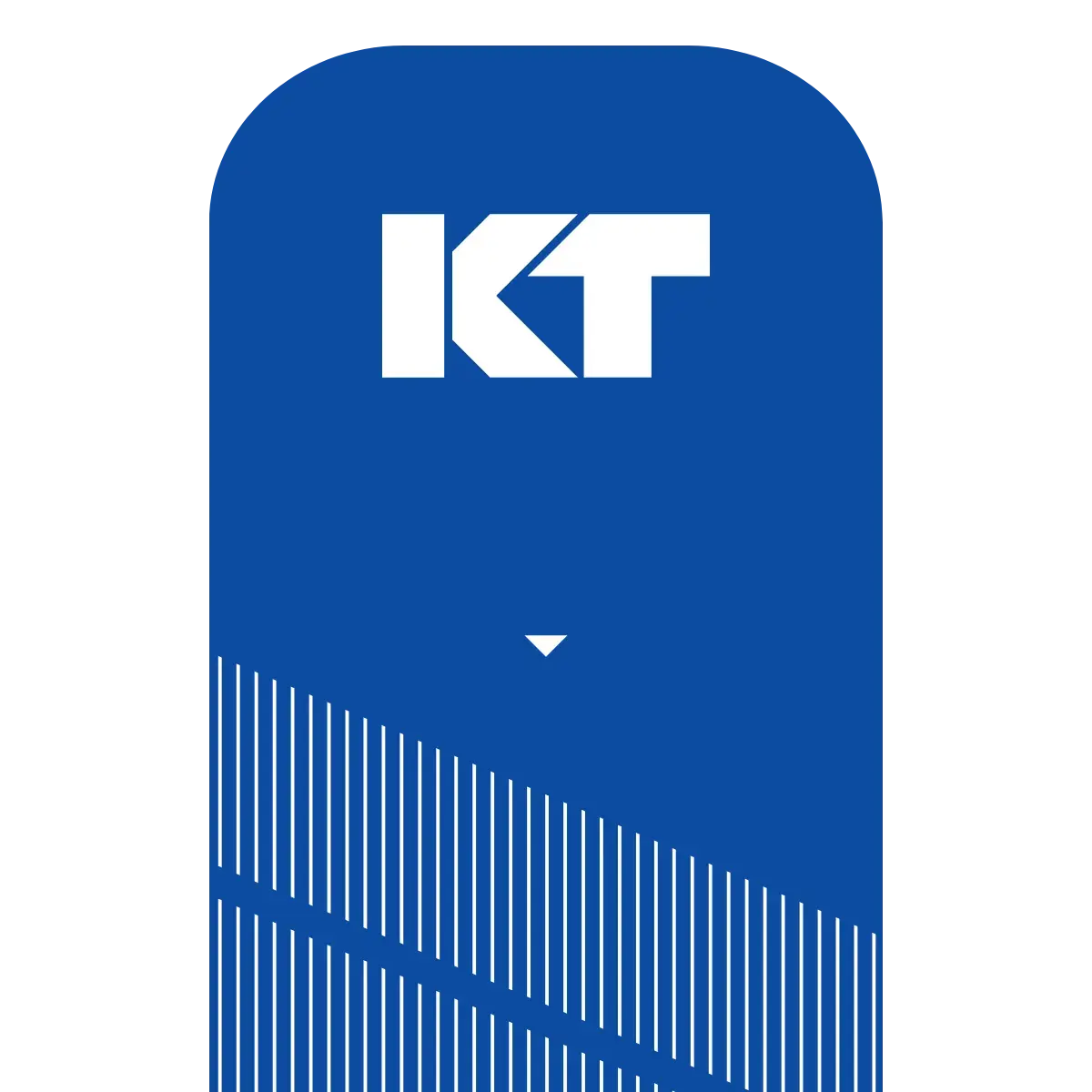 A blue rectangular KT Tape Pro® sign with a rounded top features bold white "KT" letters referencing KT Tape. Below, a small white downward arrow and diagonal stripes decorate the blue background.