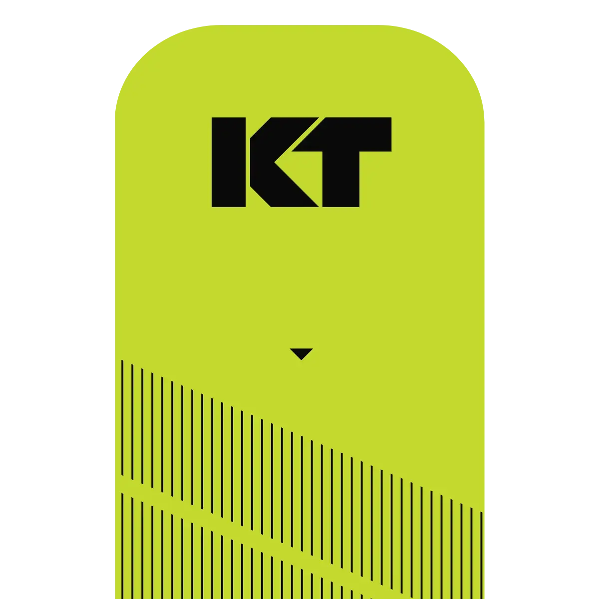 A tall, rounded yellow-green rectangle displays bold black “KT” near the top, referencing KT Tape Pro® by KT Tape. Below, a small black triangle and diagonal lines add interest against a plain white background.