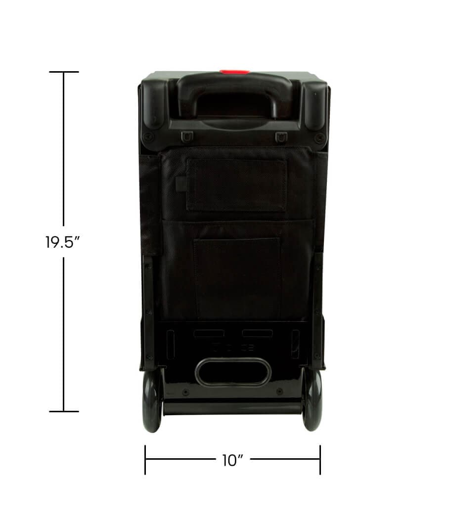 The ZUCA Pickleball Pro Black/Red rolling bag stands upright at 19.5" tall and 10" wide, featuring a handle, two wheels, multiple pickleball gear pockets, and a rectangular shape with a fabric front covering.