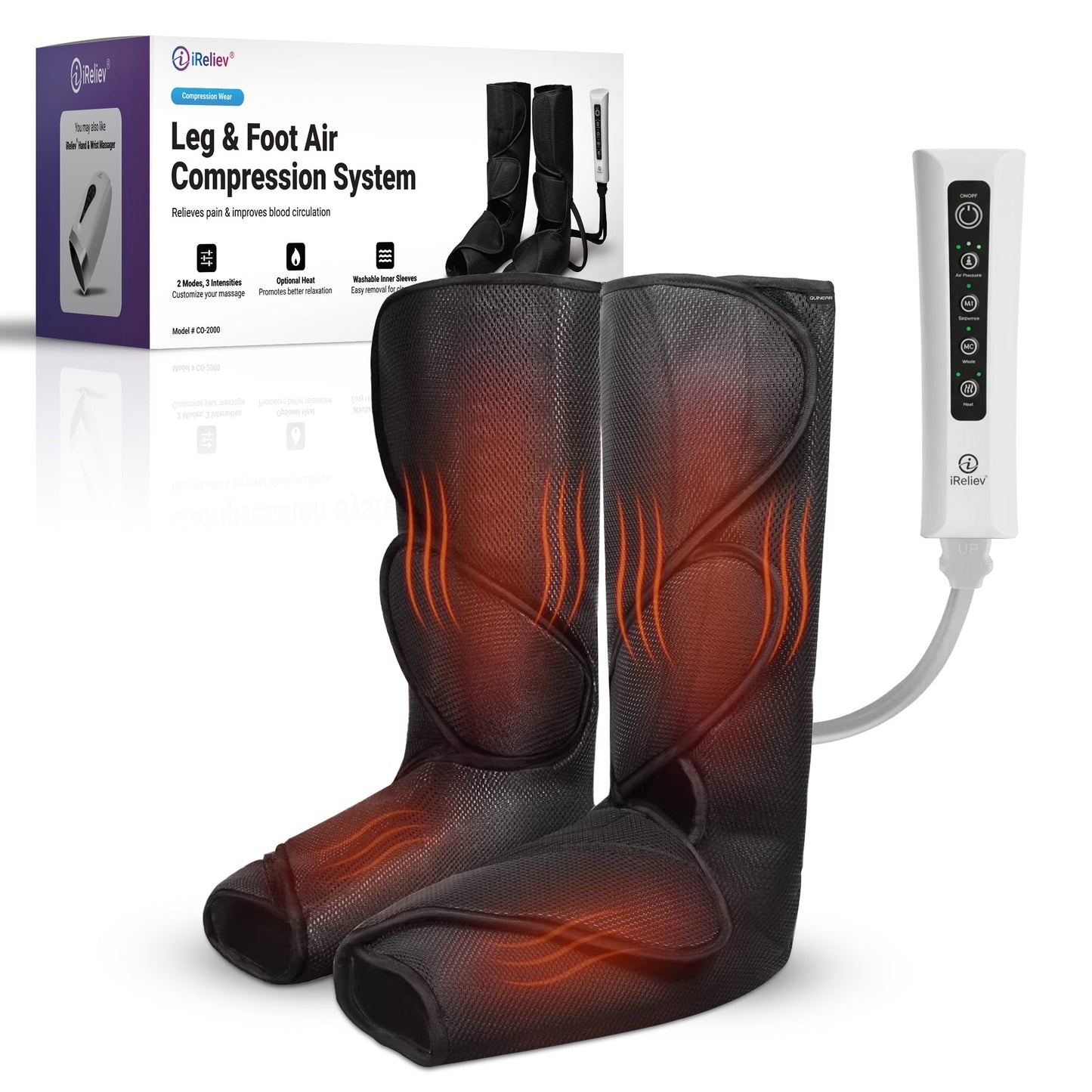 The image features the iReliev Relaxable Leg & Foot Air Compression System with two black wrap-style sleeves emitting orange lines for circulation. A white remote control is attached, with the product packaging visible in the background.