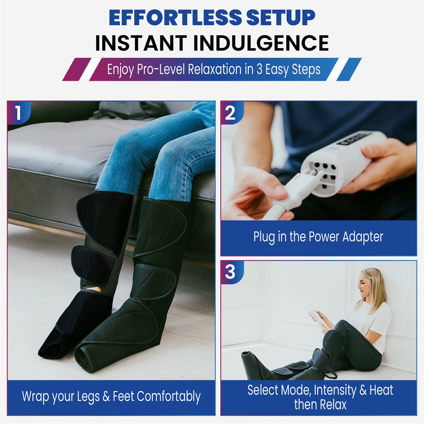 Three-step setup for the iReliev Relaxable Leg & Foot Air Compression System: 1) Wrap black cuffs around legs and feet. 2) Plug in the power adapter. 3) Sit, use the remote, and enjoy a relaxing massage as described in on-screen text.