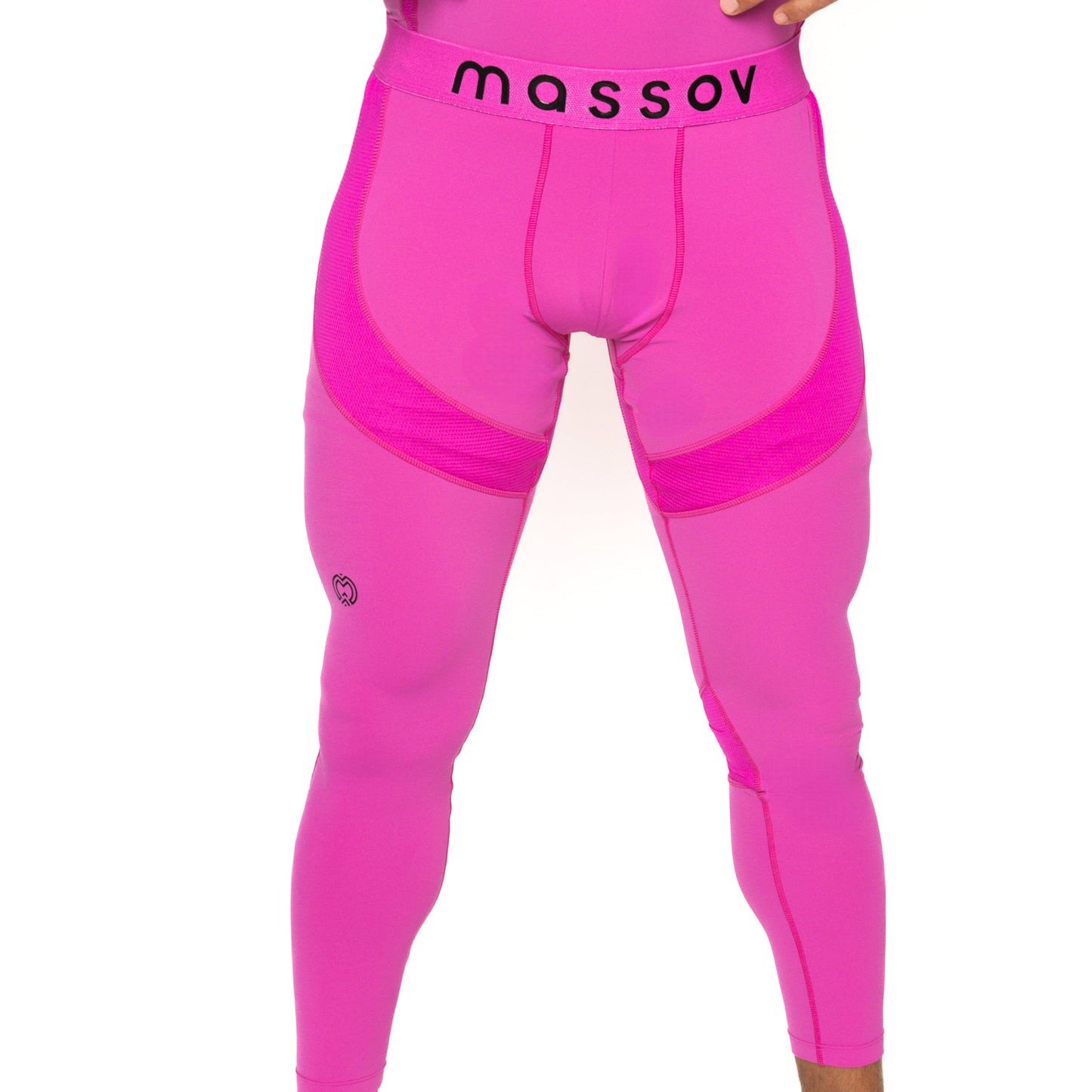 Only the lower torso and legs are visible against a white background, showcasing Massov ProForm® Men's Compression Pants in bright pink. The black "massov" logo is on the waistband, and mesh panels on hips and thighs add breathability.