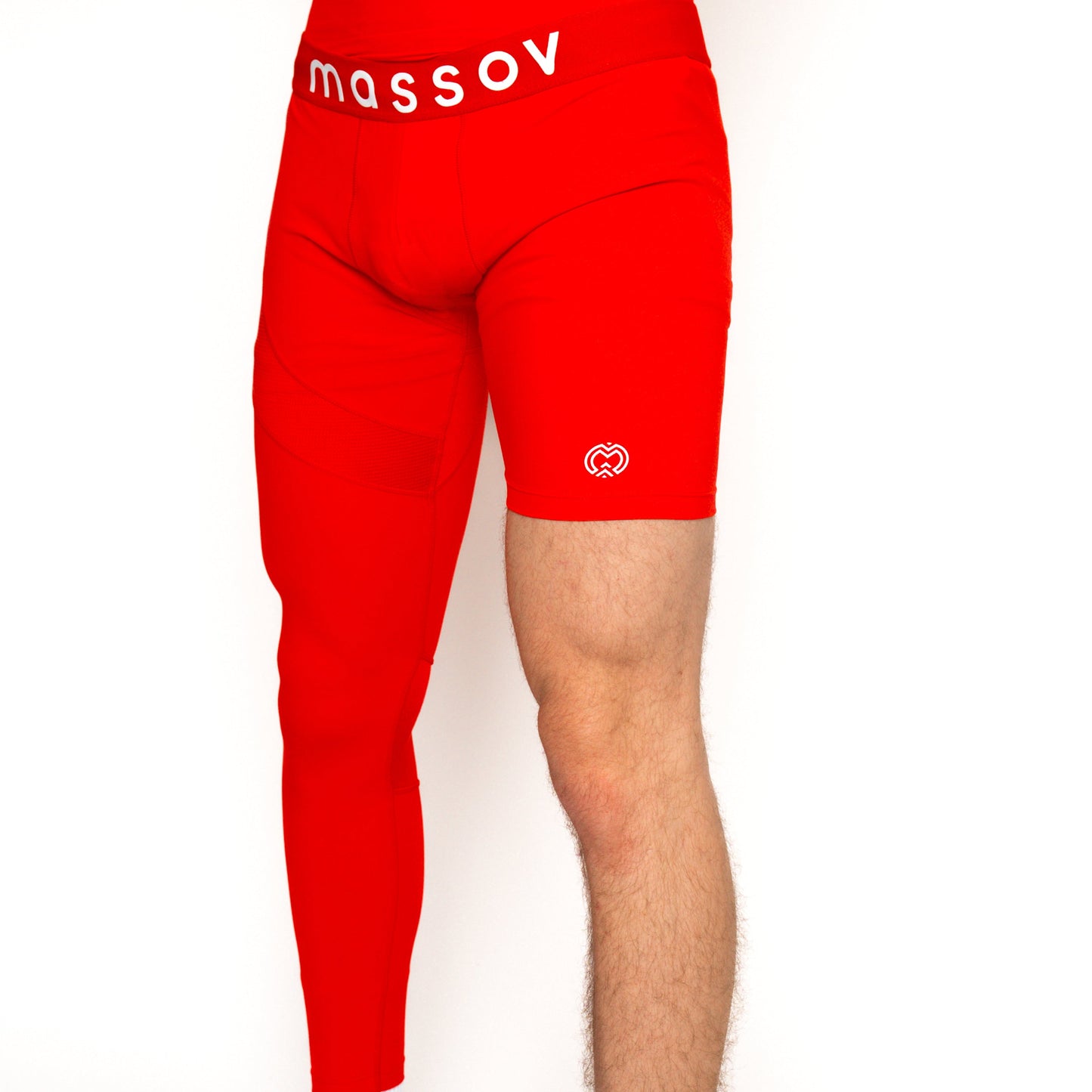 A model sports Massov’s ProForm® Men's One Leg Compression Pants—bright red, with one full-length leg, one short leg, a white logo on the right thigh, and "massov" on the waistband—against a white backdrop. Only lower torso and legs are visible.