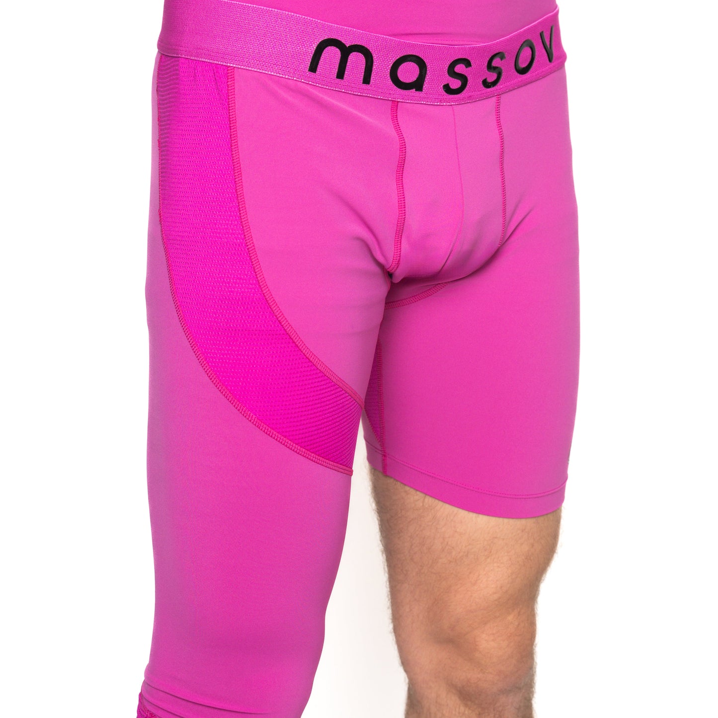 A person wears ProForm® Men's One Leg Compression Pants by Massov in bright pink, featuring a wide waistband with the brand in black and mesh outer thigh panels, ending above the knee, against a white background.