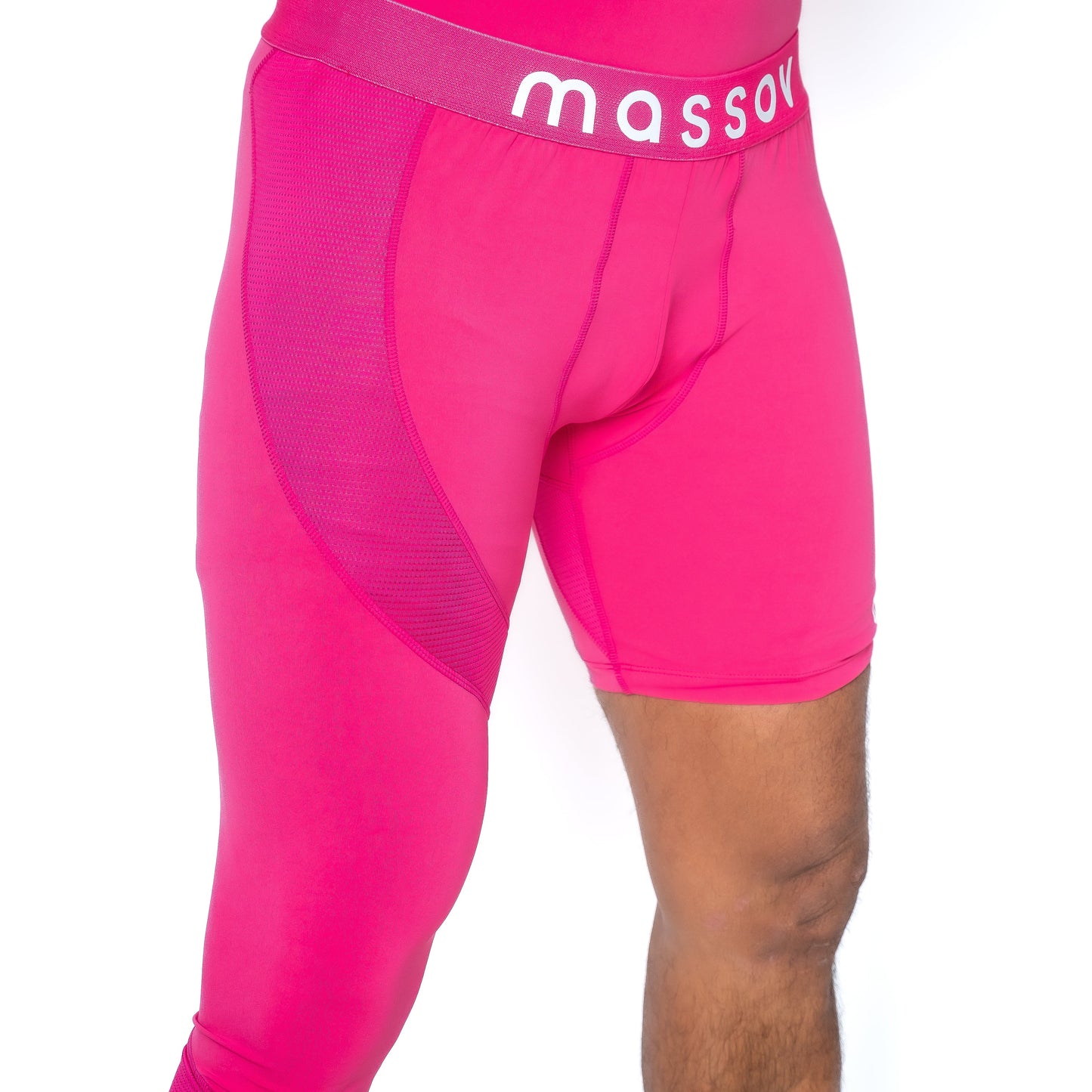 A person wears Massov ProForm® Men's One Leg Compression Pants in bright pink with mesh panels and a thick waistband featuring partial white text. Only the waist and upper thighs are visible against a white background.