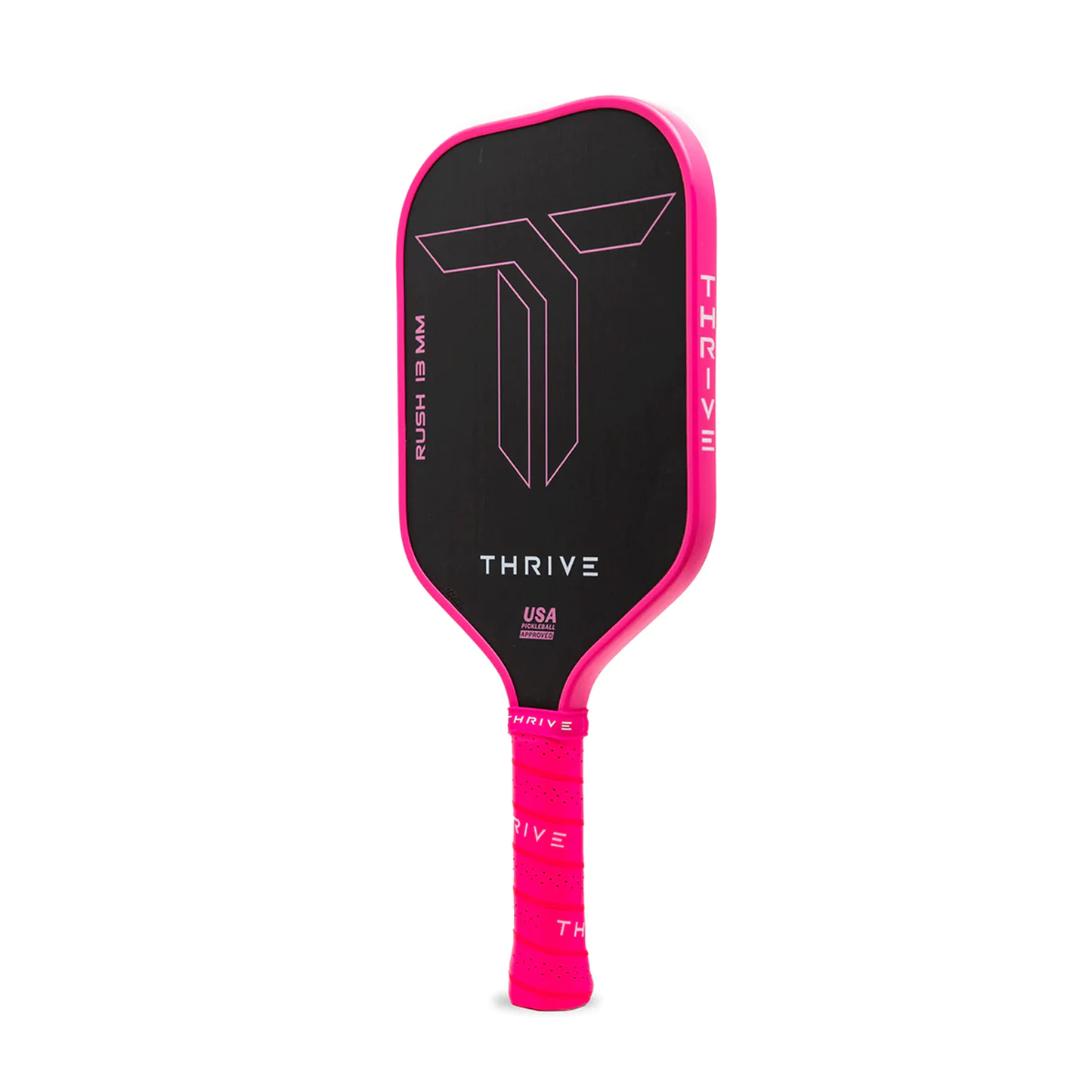 The Thrive Pickleball RUSH 13 (PINK) paddle features a pink handle, durable TORAY T700 carbon fiber, and comes with a custom weight card, paddle cover, paddle eraser, and lead weights for enhanced performance and style.