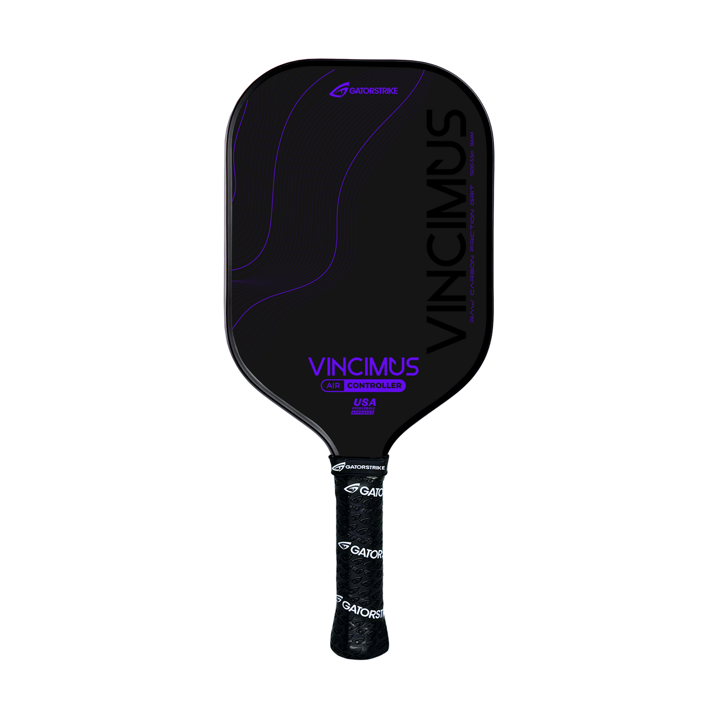 The GATORSTRIKE™ Vincimus AIR CONTROLLER­ is a black pickleball paddle with a raw carbon fiber face, purple curves, bold VINCIMUS lettering, and AIR CONTROLLER in purple. Its lightweight unibody handle has black grip tape with the white GATORSTRIKE logo.