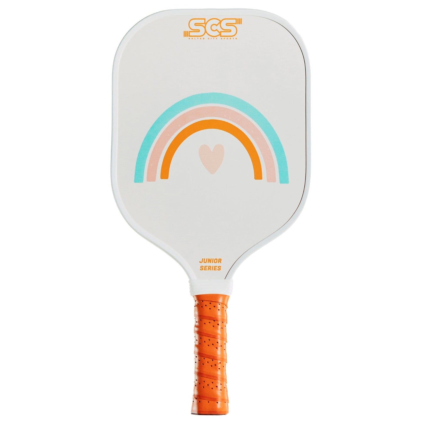 The Salted City Sports Rainbow | Junior Series Kids Pickleball Paddle is white with an orange grip, features a pastel blue, peach, and orange rainbow above a peach heart, the SCS logo at the top, and "Junior Series" printed in orange near the handle.