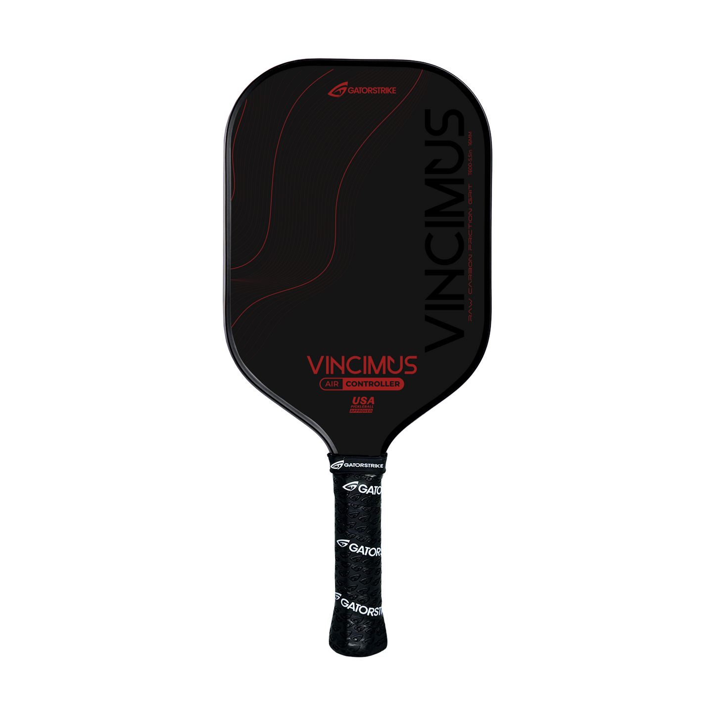 The GATORSTRIKE™ Vincimus AIR CONTROLLER features a black raw carbon fiber face with red accents, curved lines, and bold GATORSTRIKE and VINCIMUS text. The grip-taped handle is finished with white logos.