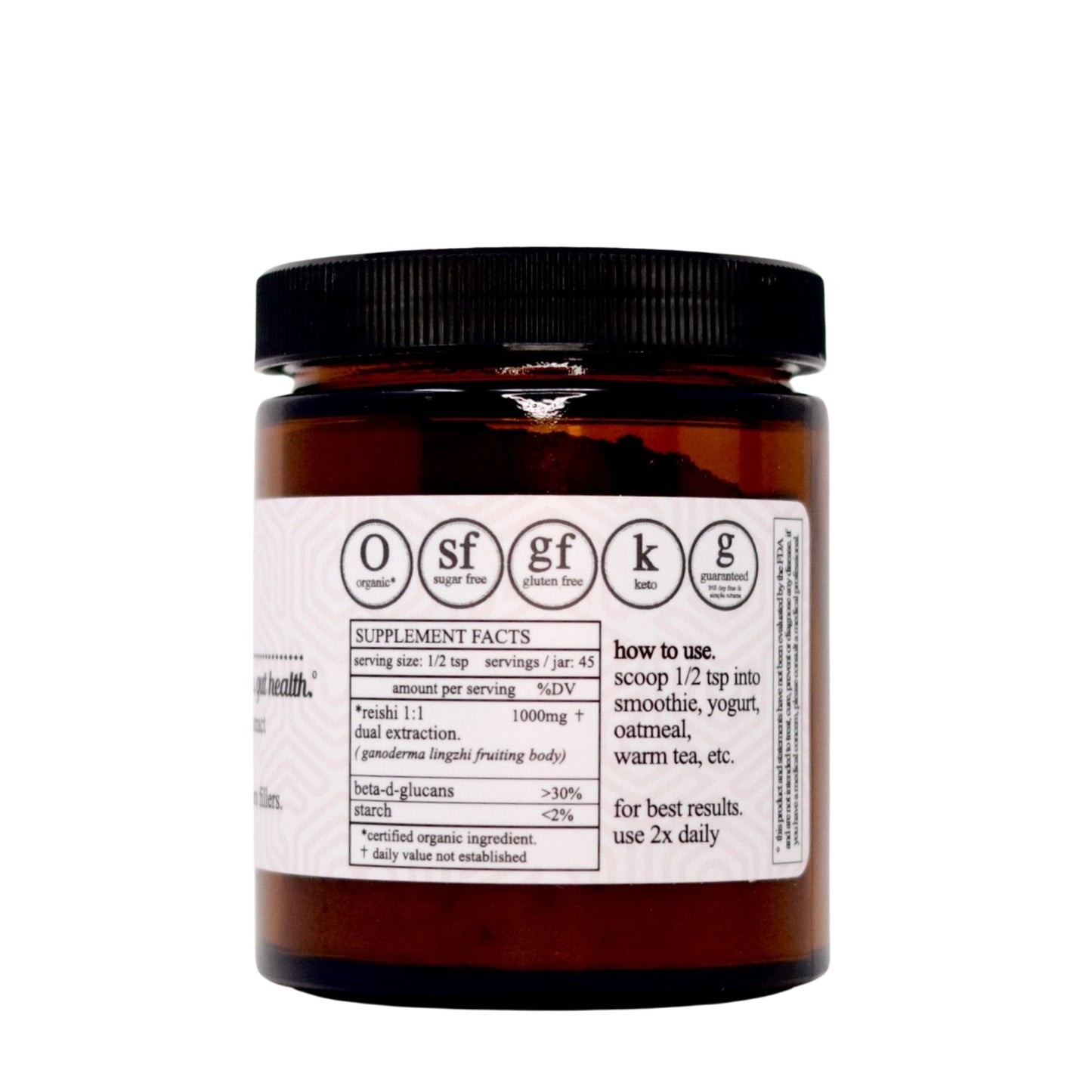 A brown jar with a black lid displays the Roots Apothecary reishi mushroom extract. organic label, featuring supplement facts, sugar-free, gluten-free, and keto icons, plus instructions: use 2x daily for best results.