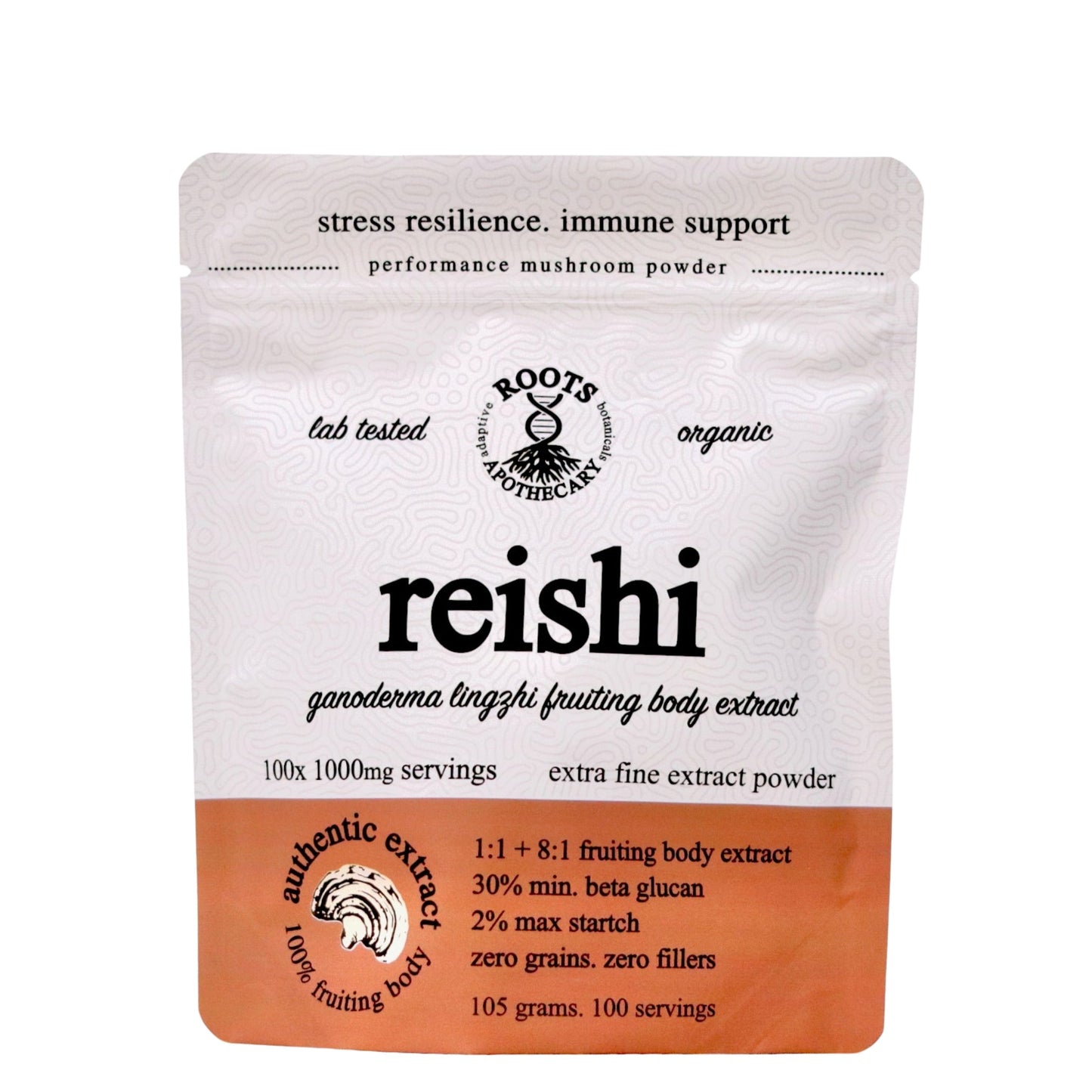 A white and orange resealable pouch labeled “reishi mushroom extract. organic” by Roots Apothecary features 100 servings, 30% beta-glucan, no fillers, and highlights immune support plus adaptogenic stress resilience benefits.