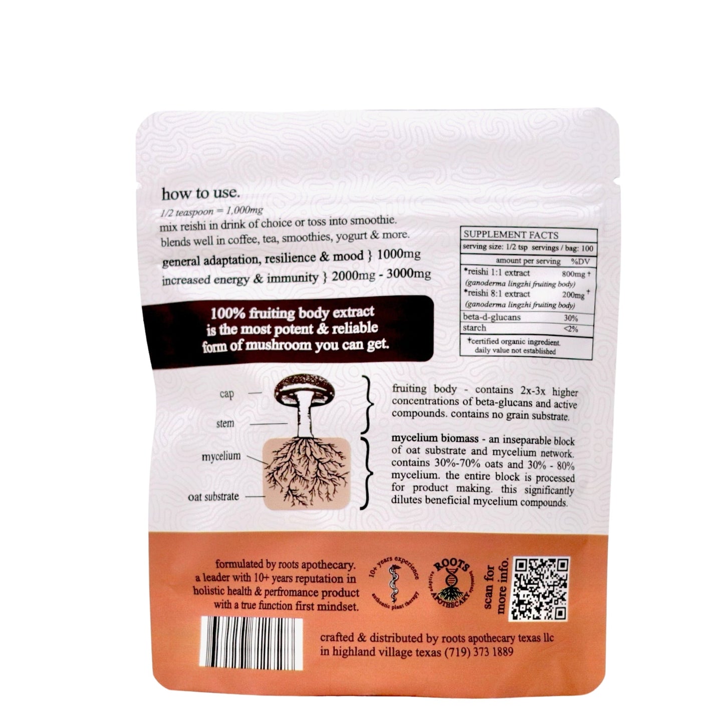 Back of Roots Apothecary reishi mushroom extract (organic) packet details usage, supplement facts, a cap/stem/mycelium diagram, and immune support potency claims. Black, white, and orange design highlights this adaptogen’s benefits.
