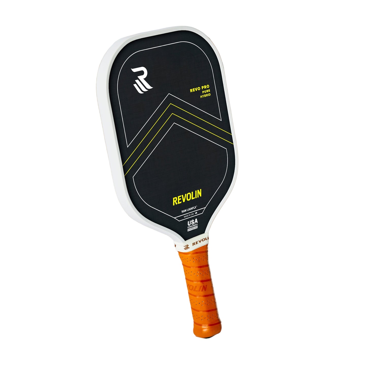 A black Revo Pro Pure Pickleball Paddle by Revolin Sports, with geometric yellow and green lines, white trim, and orange grip, lies on a beige surface. Basalt fiber construction boosts spin; branding and model details appear on face and handle.