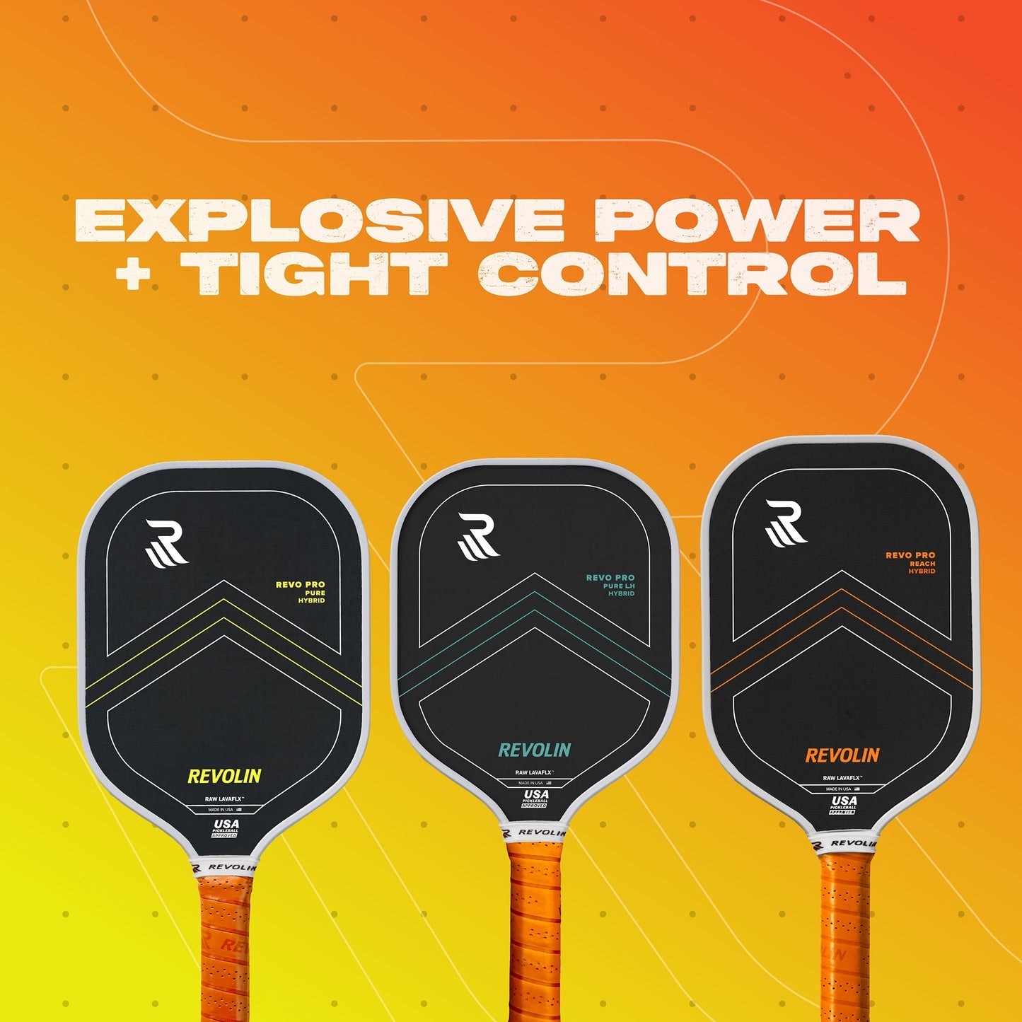 Three Revo Pro Pure Pickleball Paddles by Revolin Sports stand upright against an orange gradient. Bold white text reads, EXPLOSIVE POWER + TIGHT CONTROL. Each basalt fiber paddle sports unique accents and the Revolin logo.