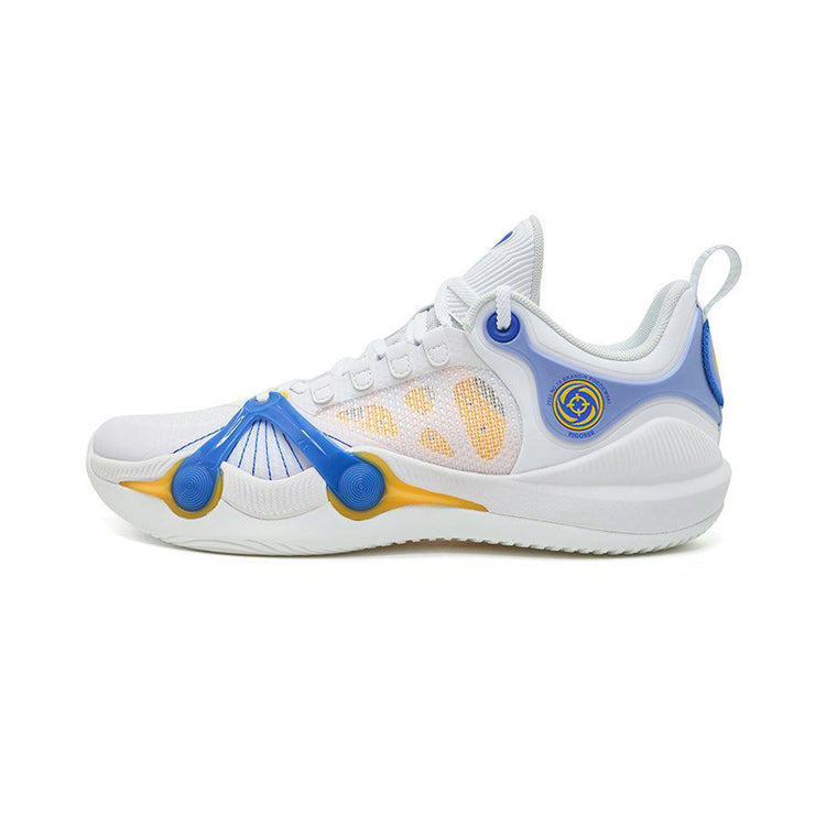 The Rigorer BP1 '1962' by BPBazaar is a white basketball shoe with blue and yellow accents. It features a mesh upper, blue overlays, yellow details near the sole, and a round side logo for a modern, sporty look.