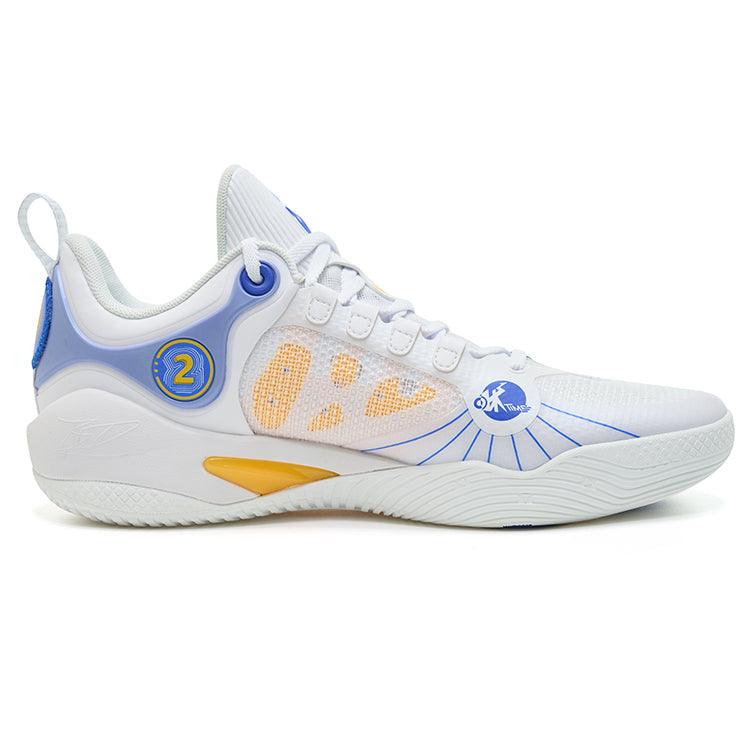 The Rigorer BP1 '1962' by BPBazaar is a white low-top basketball shoe featuring blue and yellow accents, mesh panels, and a blue heel patch with a yellow number 2—a standout detail on this signature design.