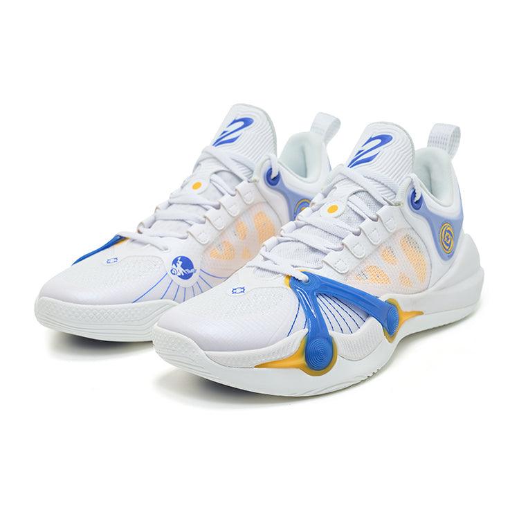 The BPBazaar Rigorer BP1 '1962' are white athletic sneakers with blue and yellow accents, swooping side designs, blue tongue logos, a modern breathable mesh upper, and a white sole—perfect for basketball.