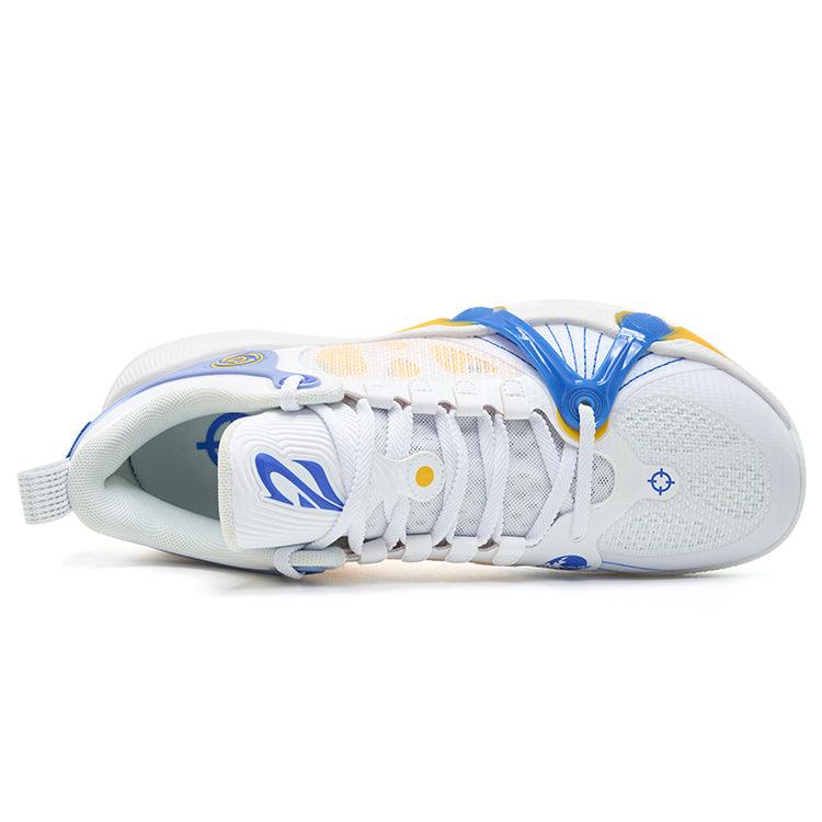 A top view of the Rigorer BP1 '1962' by BPBazaar shows white mesh, blue and yellow accents, white laces, heel loop, a blue and white logo on the tongue, and geometric designs across the upper.